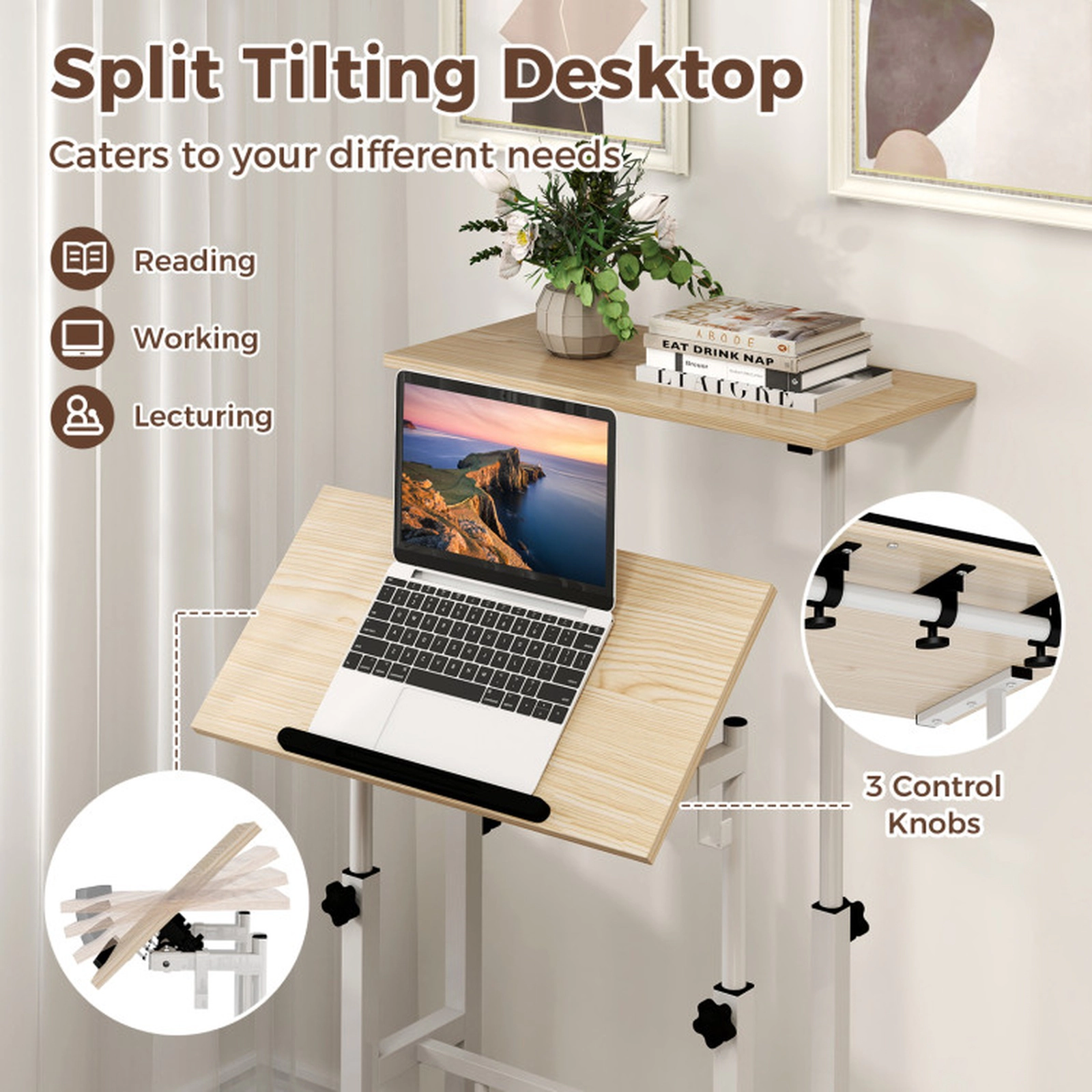 SUGIFT 2-Tier Split Top Adjustable Angle Mobile Standing Desk 24-in x 12-in x 28.5-in to 49-in 44-lb Capacity Natural