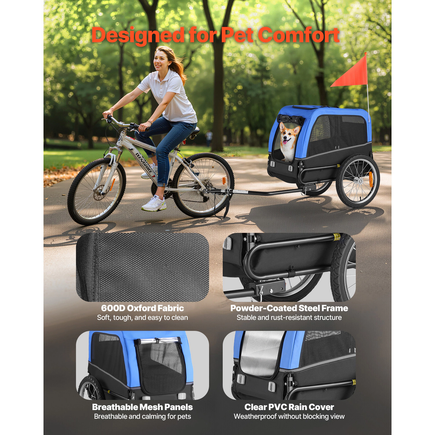 HONGGE Foldable Dog Bike Trailer for Small to Medium Dogs, Supports up to 66 lbs, Fits 22-28 in Bicycle Wheels
