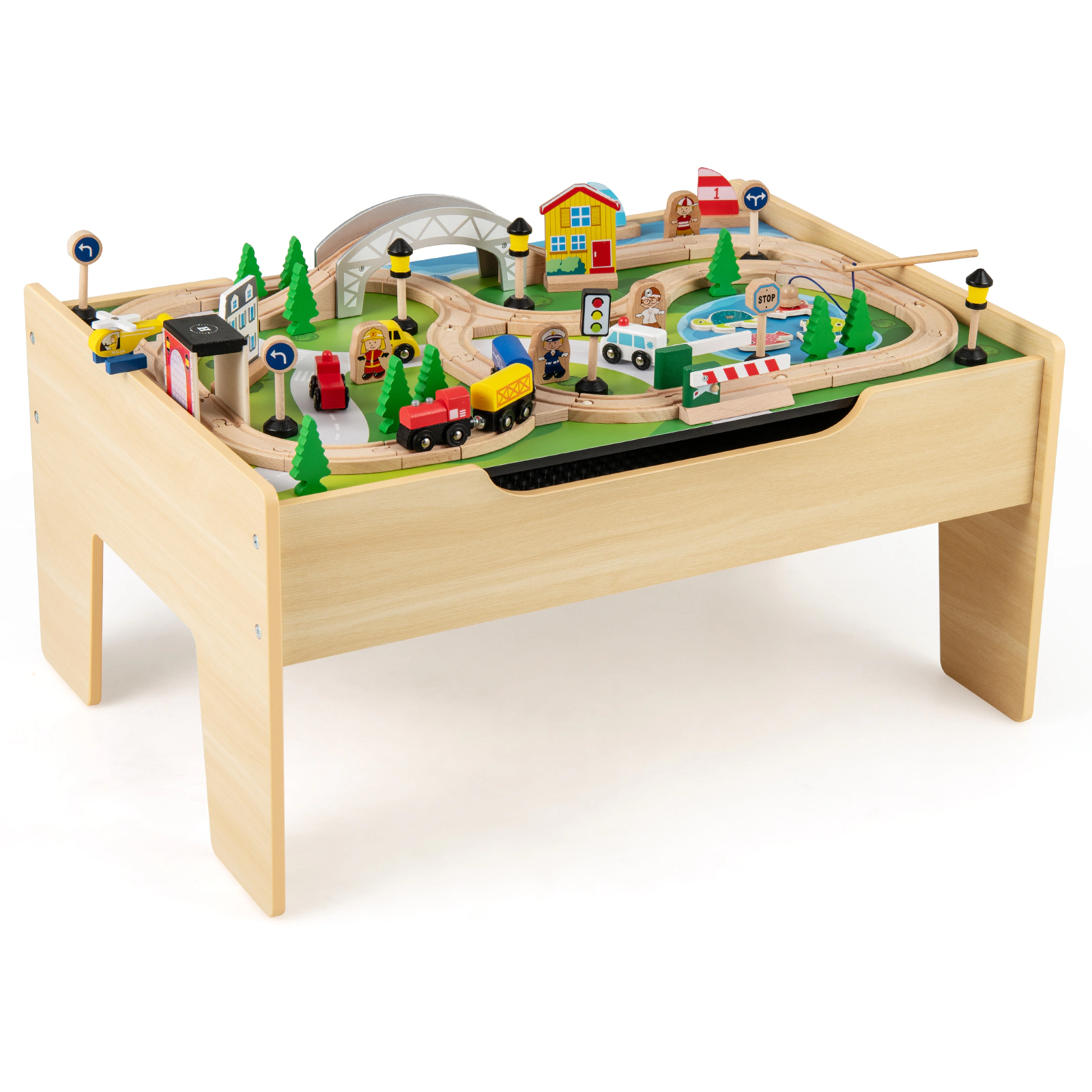 SUGIFT Wooden Train Table Activity Railway Playset Interactive Toy 55-lb Capacity Ages 18M+ Natural 31-in Top