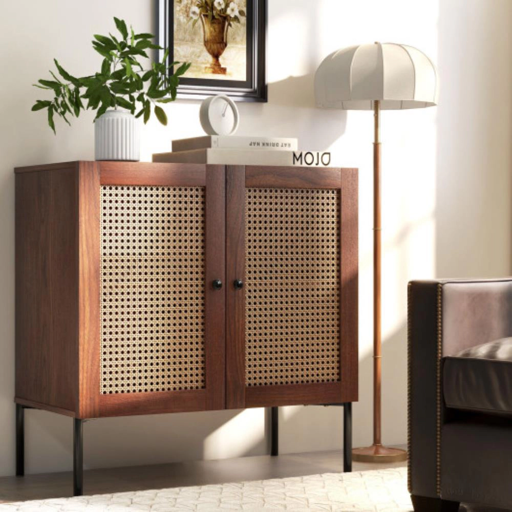 Hivvago Kitchen Sideboard With 2 Rattan Doors And Adjustable Shelf