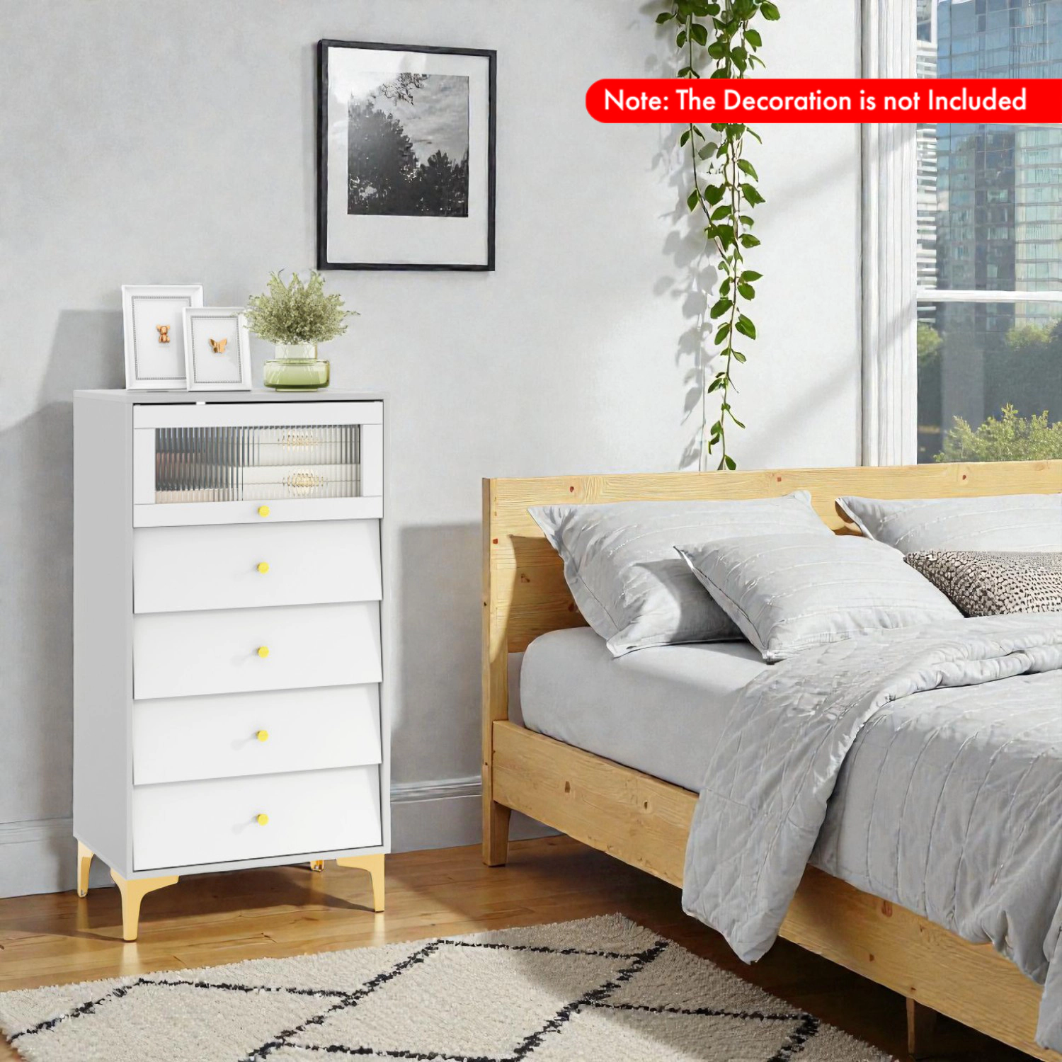 Hivvago Modern 4-Drawer Cabinet with Flip-Up Ribbed Glass Door