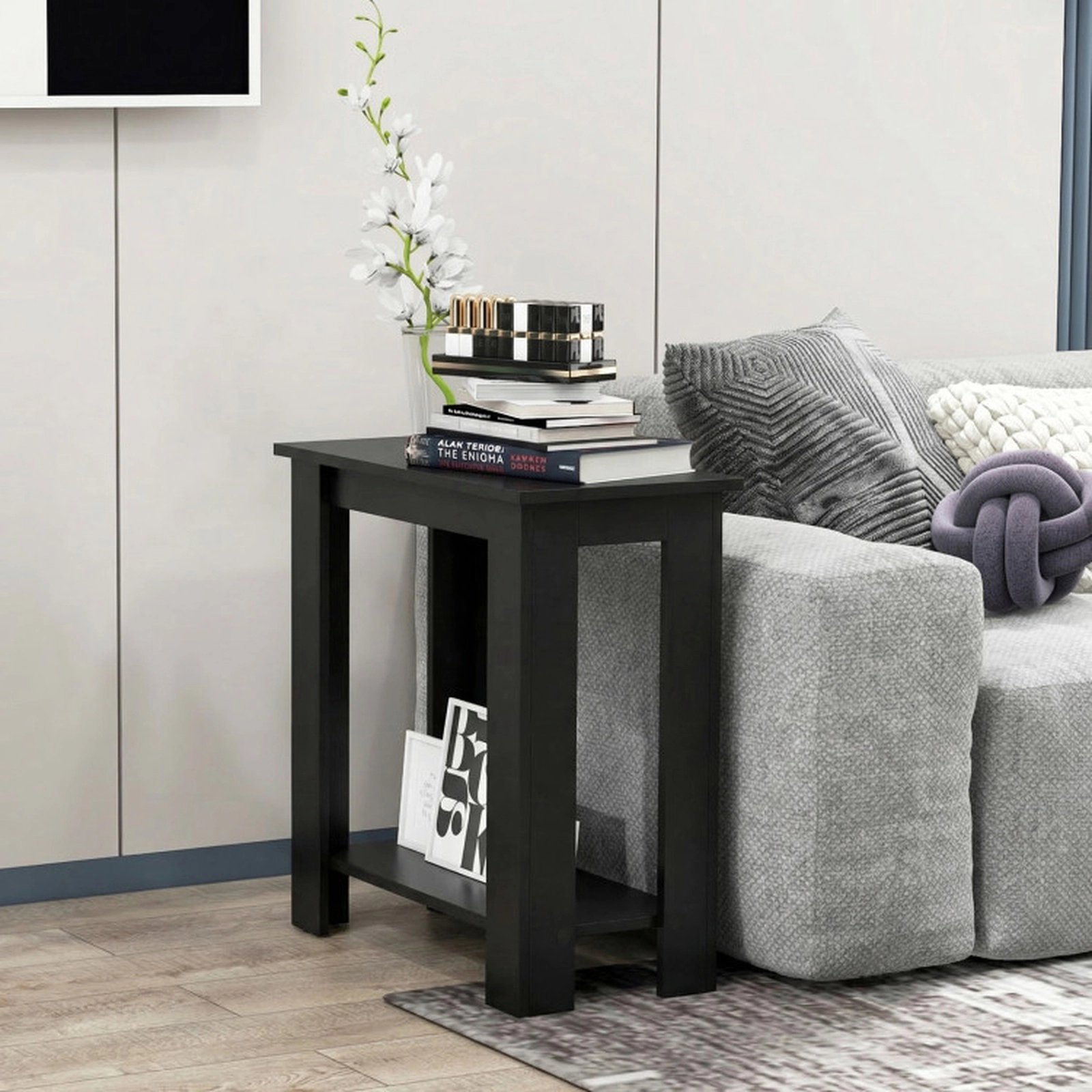SUGIFT 23.5 in End Table Black 2-Tier Compact Side Table with Storage Shelf