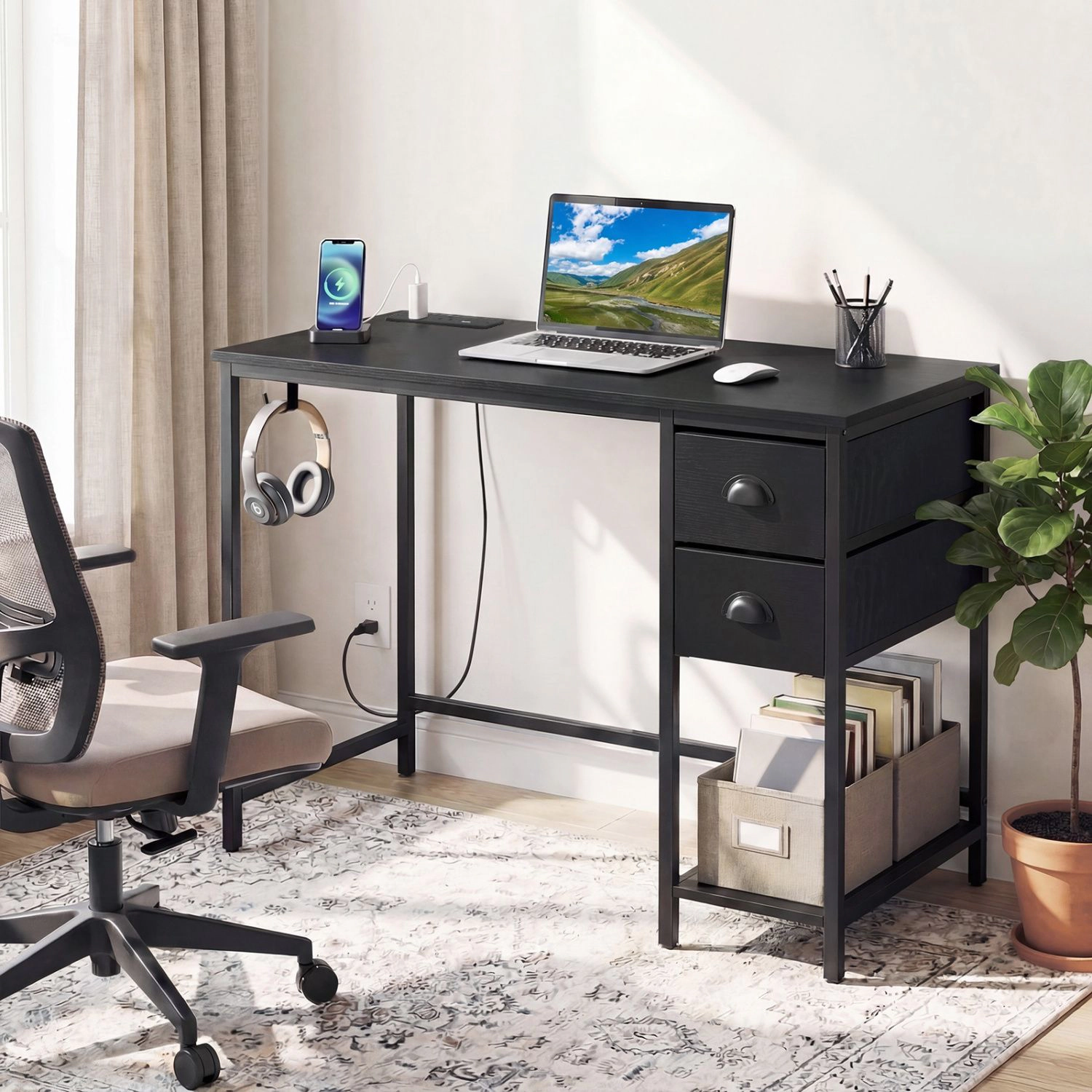 SlickBlue Home Office Desk with Charging Station and Storage Drawers