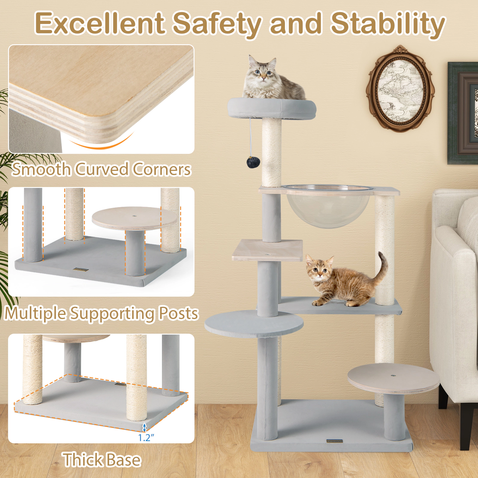 Glintex 44-Inch Cat Tower with Transparent Space Capsule and Matte Velvet Platforms, Natural