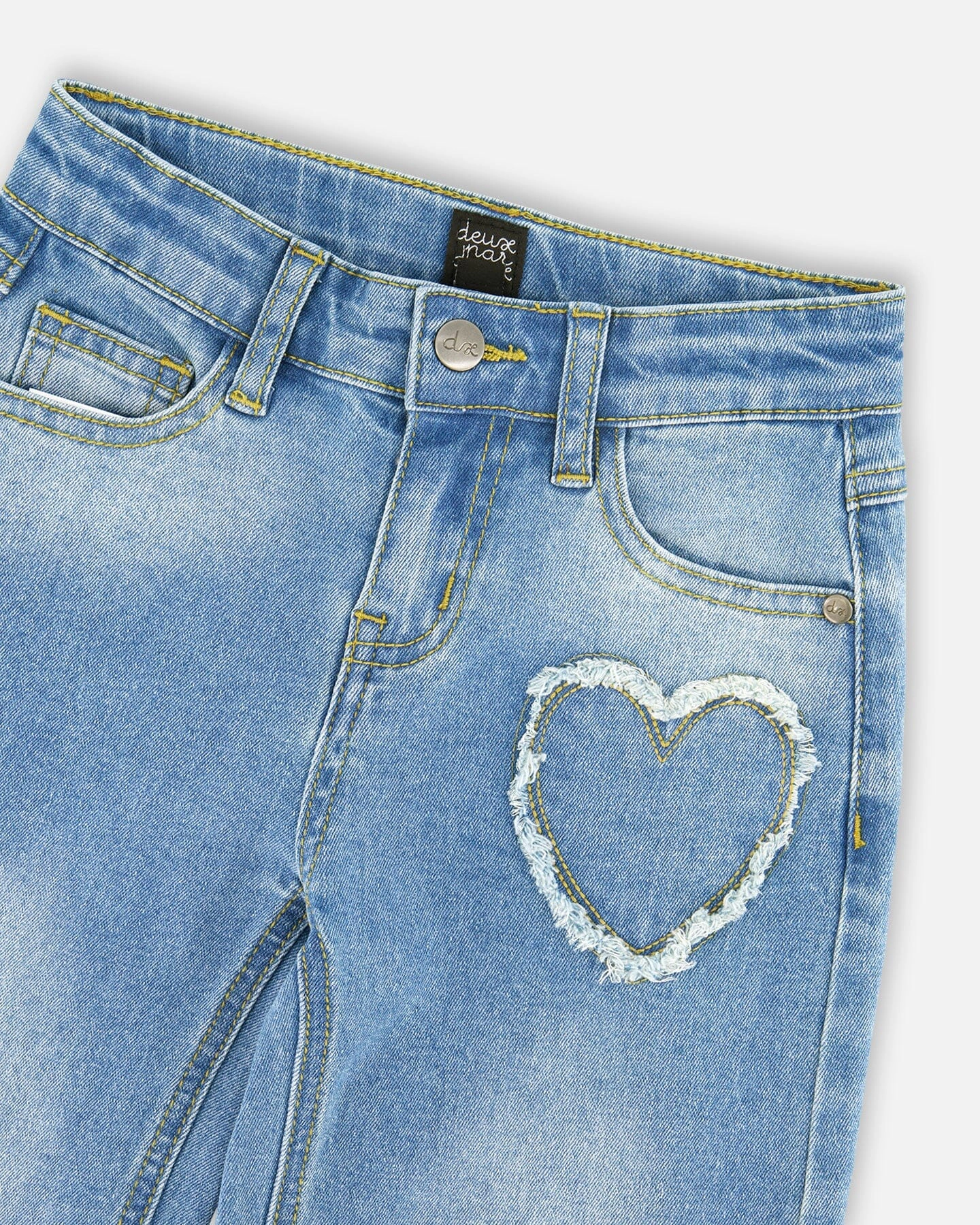 Deux par Deux Girls Wide Leg Denim Jeans with Heart Embroidery
