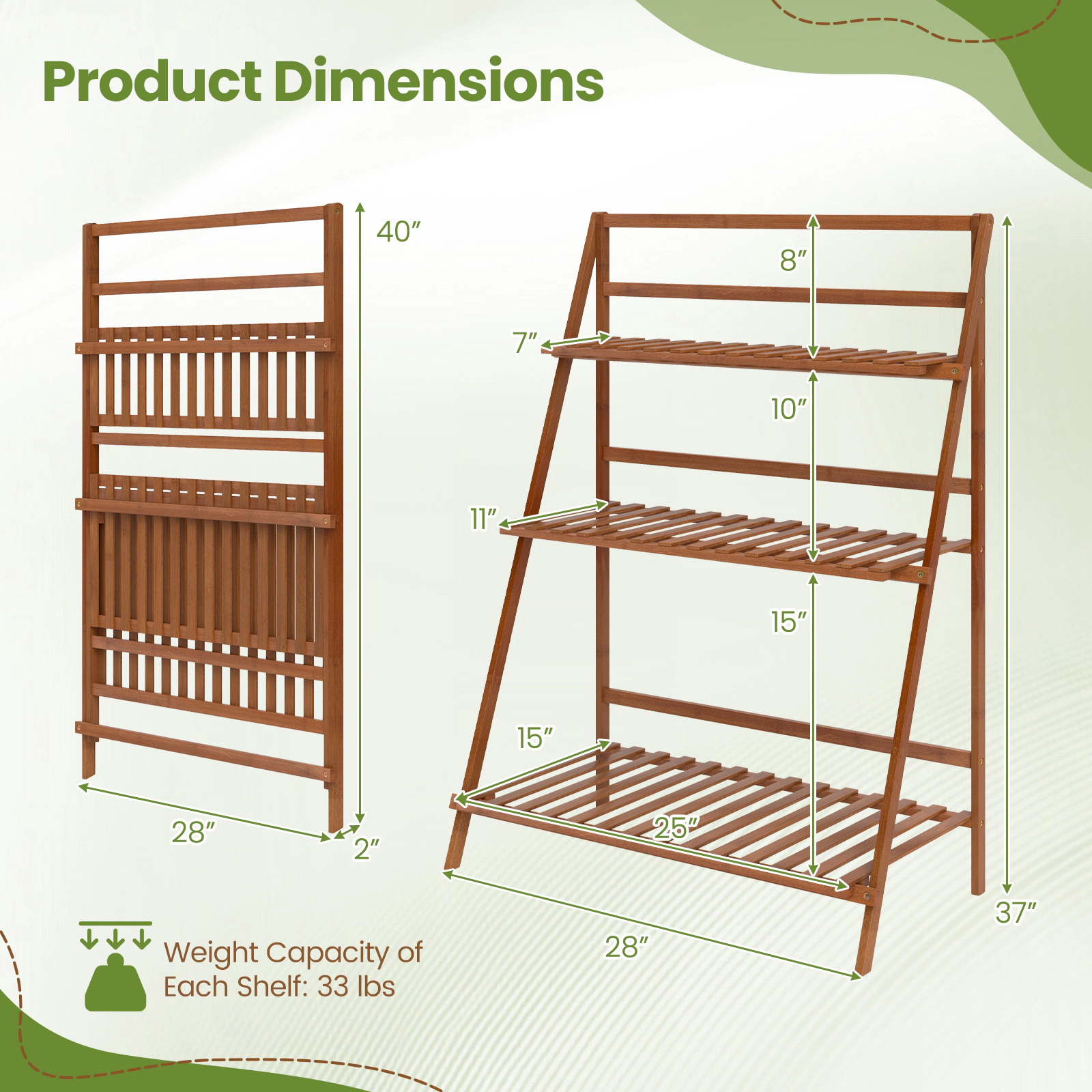 SUGIFT Brown 3-Tier 28-in Foldable Bamboo Ladder Shelf Plant Stand Flower Rack and Bookshelf for Indoor