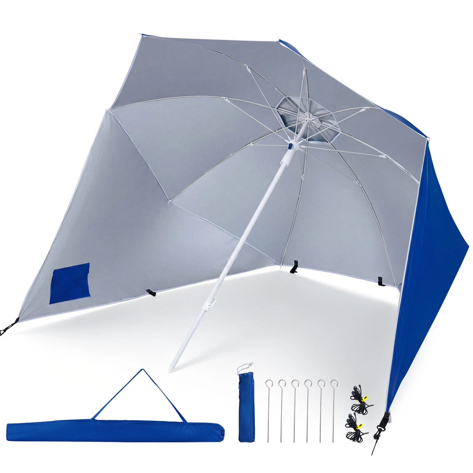 SUGIFT Blue 2-in-1 UPF 50+ Beach Shelter Umbrella with Side Panels Sand Anchor and 8 Fiberglass Ribs