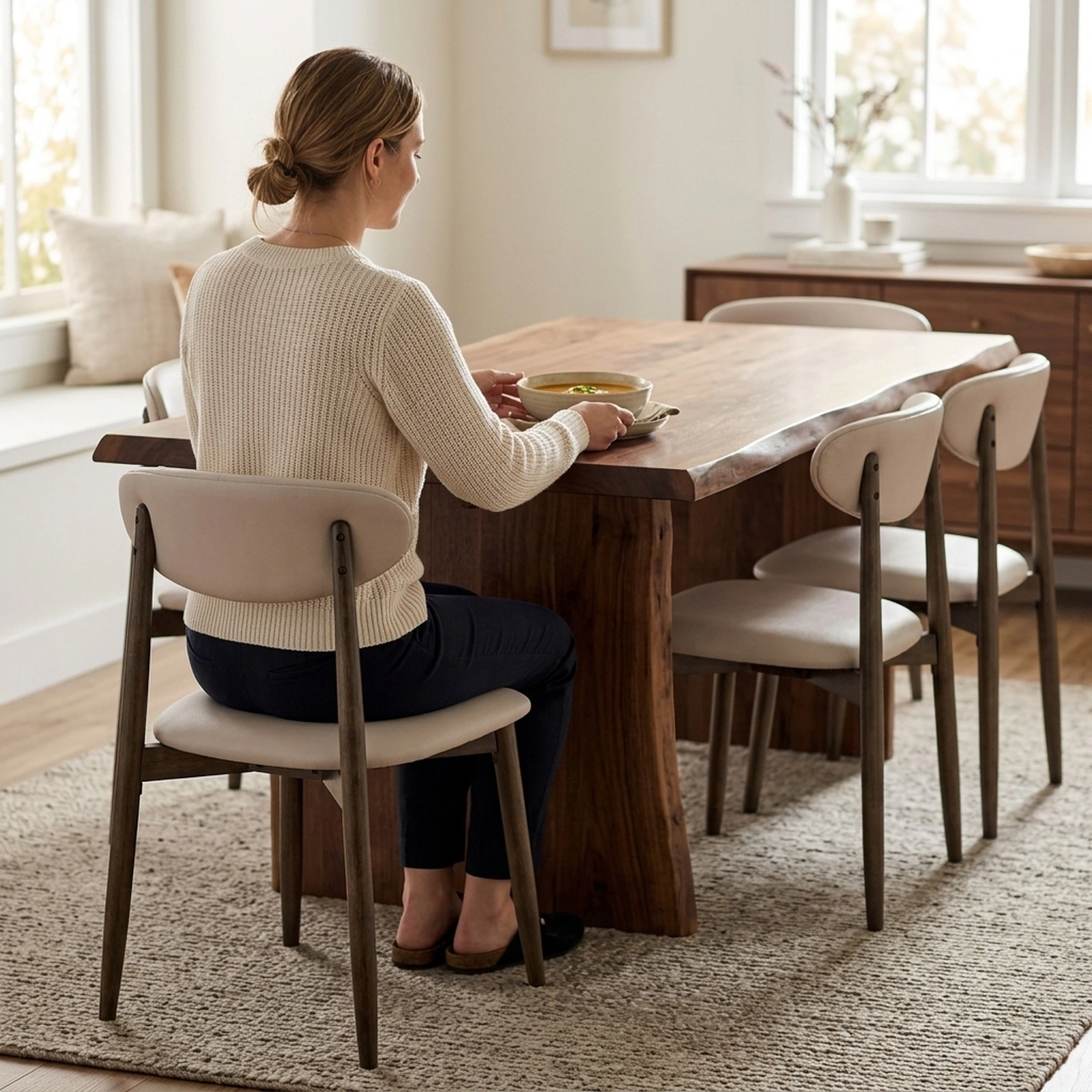 SUGIFT Set of 4 Wooden Modern Upholstered Dining Chairs with Curved Backrest 330-lb Capacity Beige Seat Wood Ash Frame