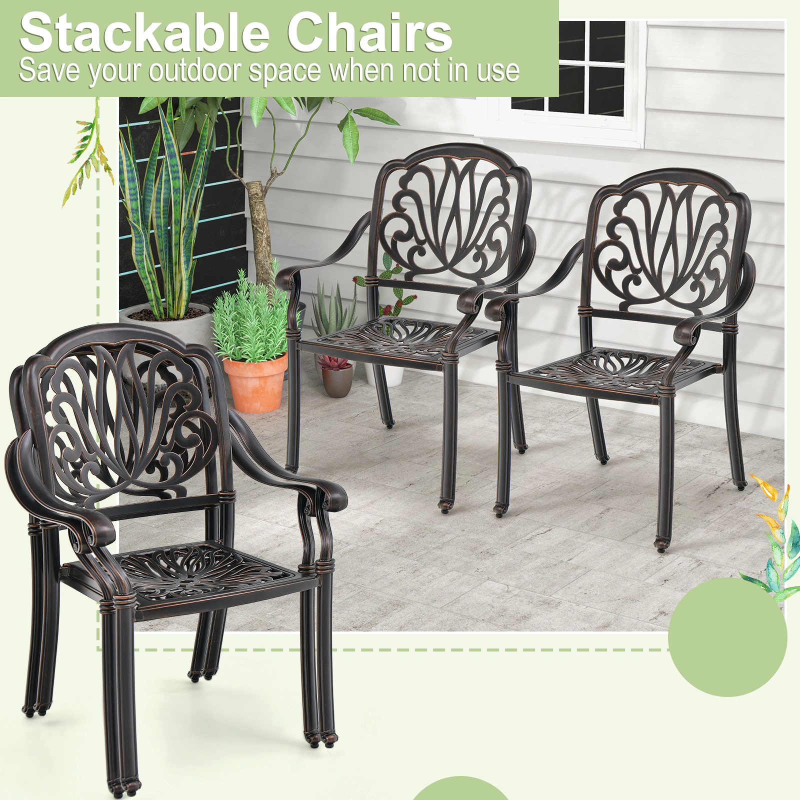 LJG 2 Pieces Patio Cast Aluminum Dining Chairs with Armrests