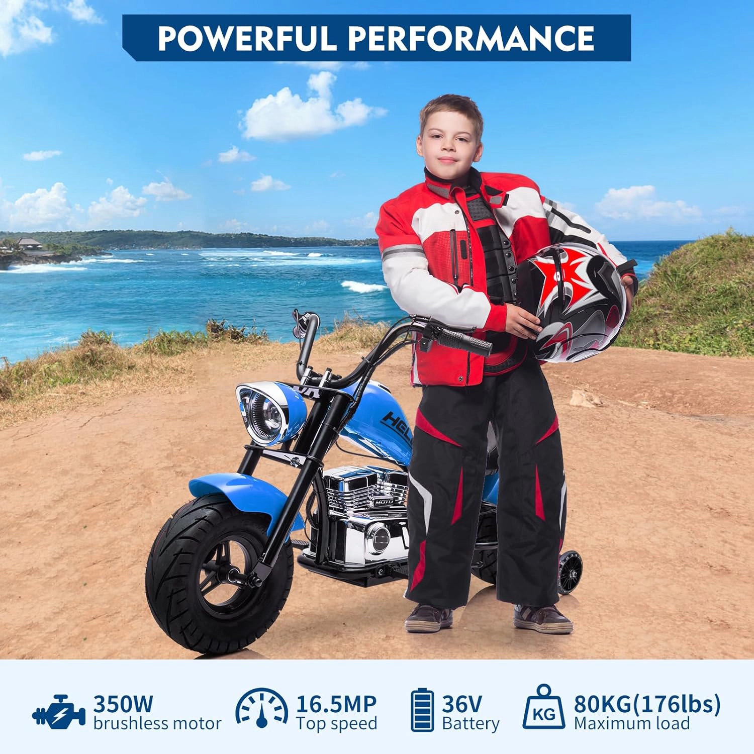 Enjyam 36V 350W Kids Electric Dirt Bike, w/Removable Training Wheels, 16.5MPH Max, LED Lights,Music, Leather Seat