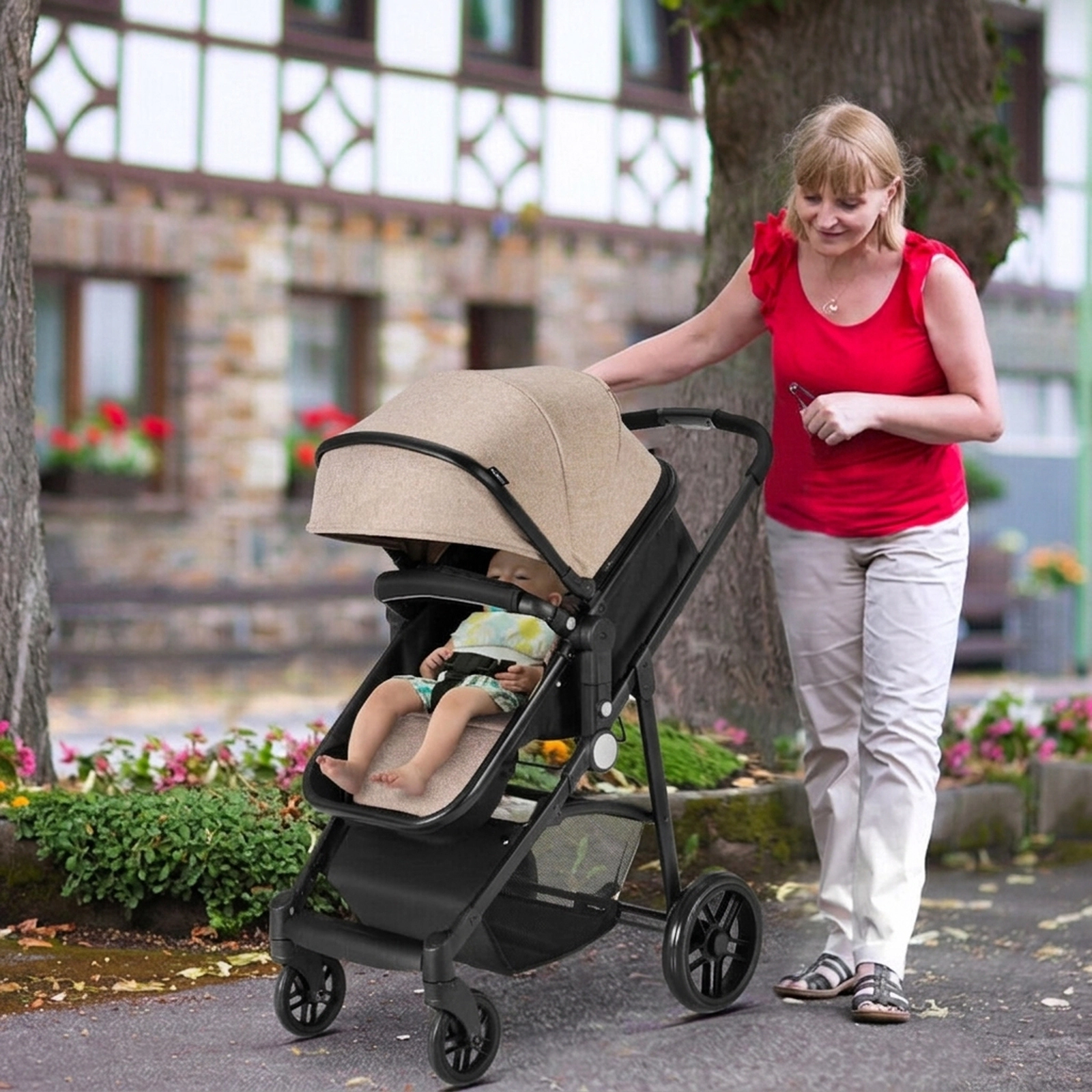 SUGIFT Baby Light Brown 2-in-1 Foldable Stroller with Reversible Bassinet 37-in W 43-in H 33-lb Seat Capacity