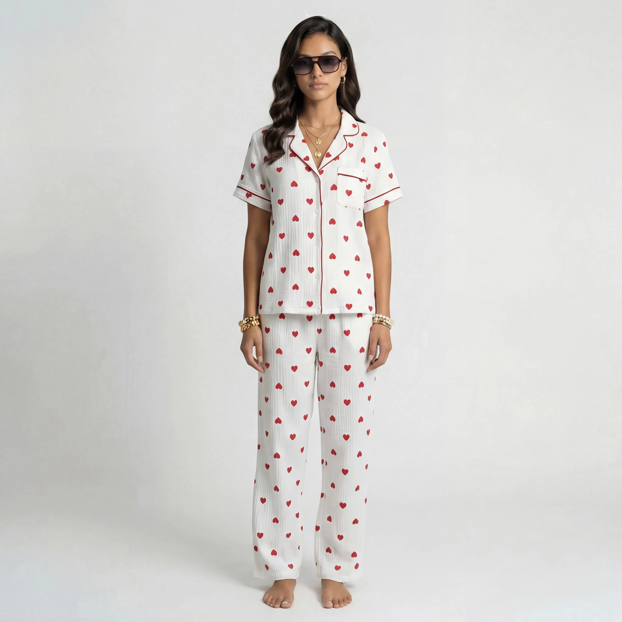 Anna-Kaci Women's Heart Print Valentine 2-Piece Pajama Set with Long Sleeve Tie-Waist Robe and Relaxed Fit Shorts