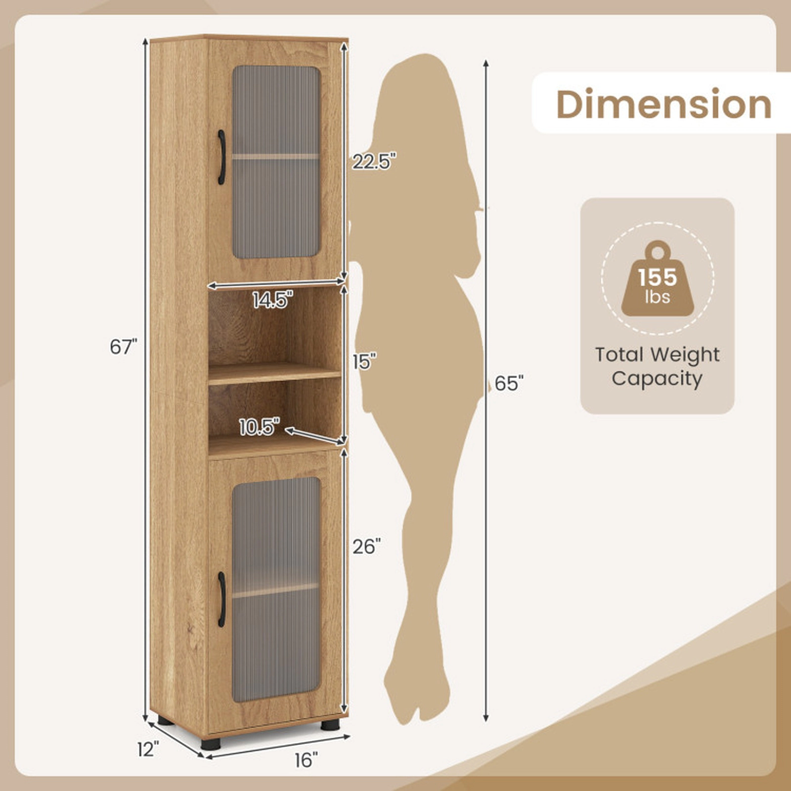 SUGIFT Tall Fluted Translucent Doors Open Compartments Bathroom Cabinet 16-in x 12-in x 67-in 155-lb Capacity Natural