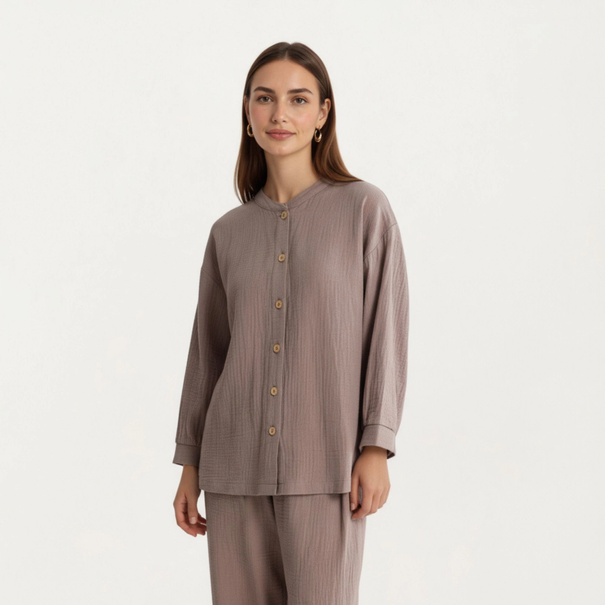 Anna-Kaci Women's 2-Piece Textured Button Front Long Sleeve Top and Relaxed Fit Pants