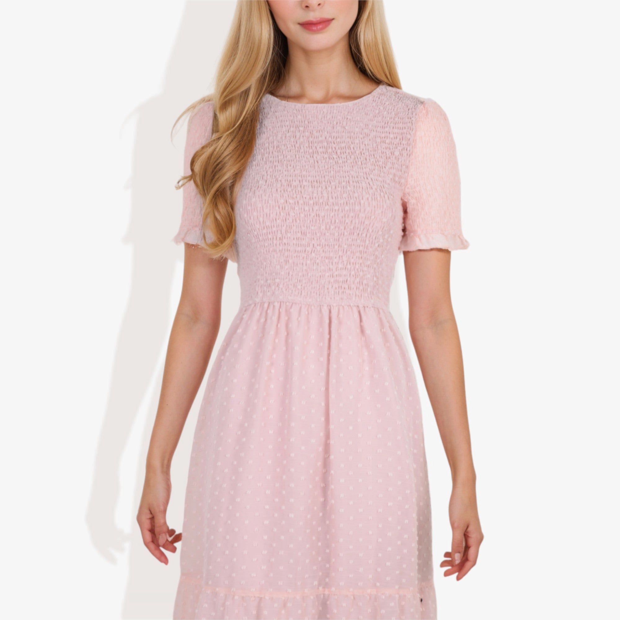 Anna-Kaci Women's Short Sleeve Smocked Dress with Swiss Dot and Ruffle Hem