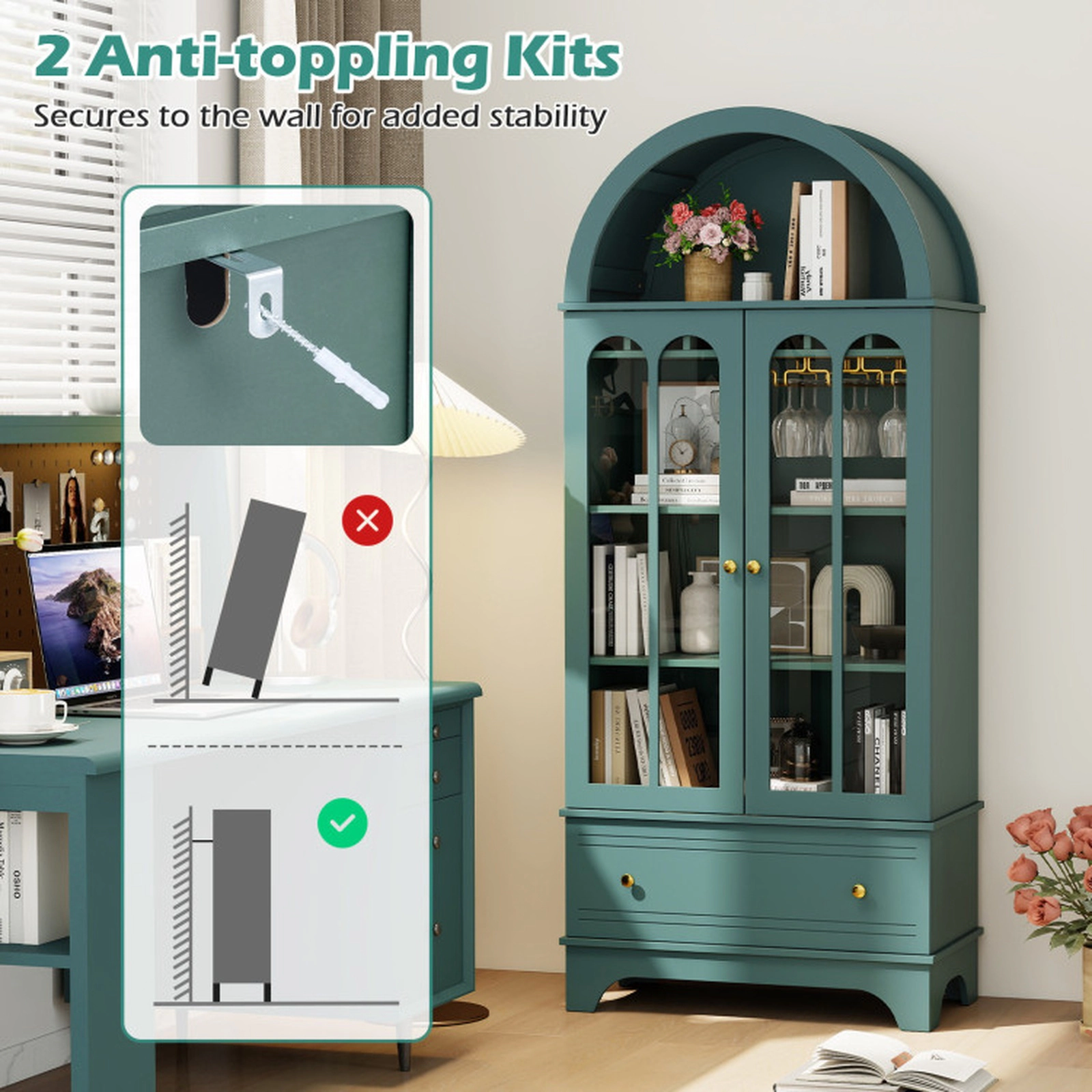 SUGIFT 71.5-in Arched Glass Doors 5-Tier Storage 6-Bottle Rack 3 Stemware Rails Wine Cabinet 30.5-in x 16-in Green