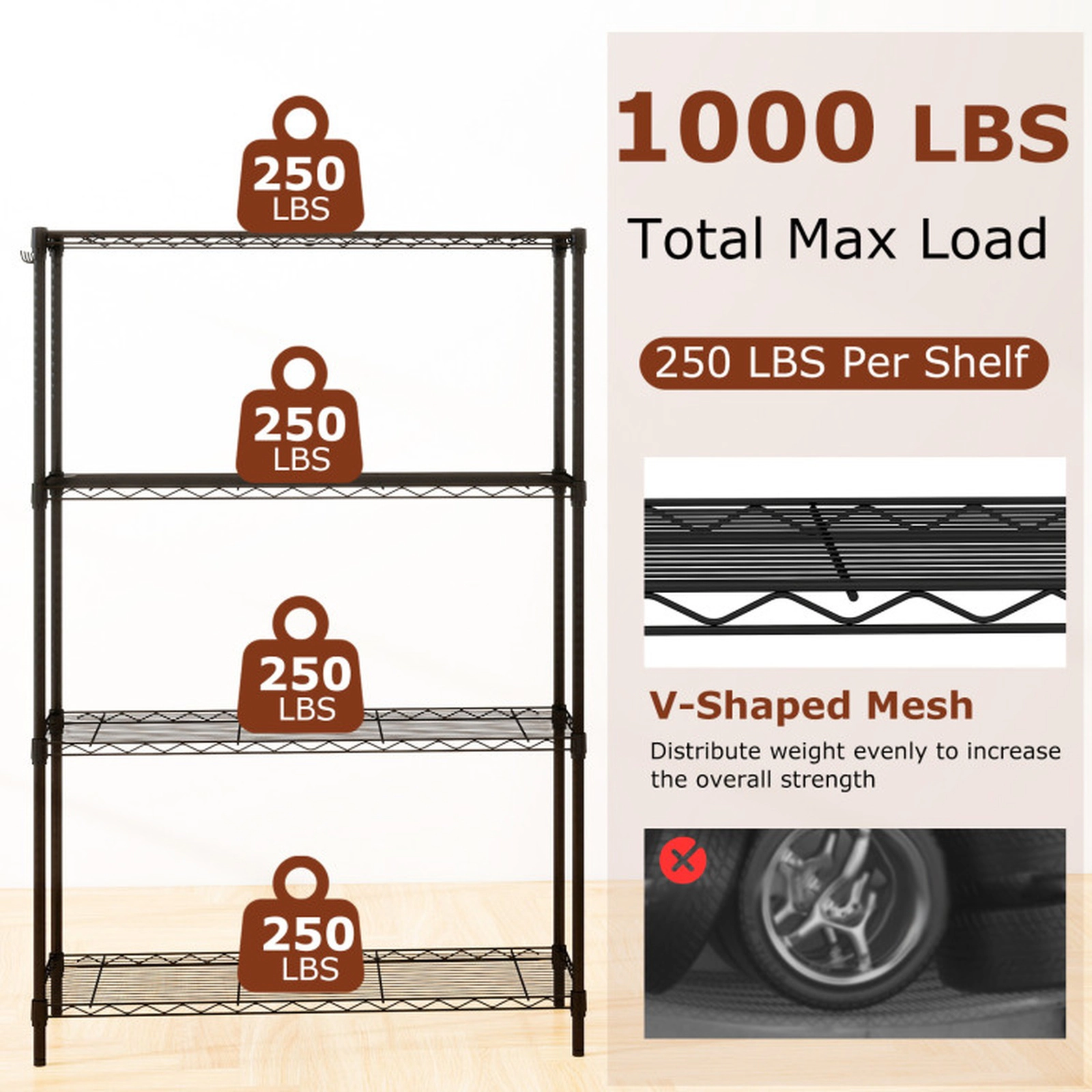 SUGIFT Set of 2 4-Tier 1000-lb Capacity Metal Storage Shelving Unit with V-Shaped Wire Rack and 4 Hooks