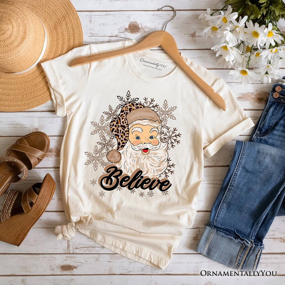 OrnamentallyYou Unisex Believe Santa Cheetah Leopard Retro Christmas T-Shirt