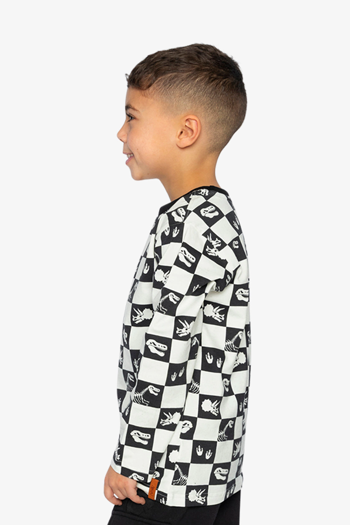 Deux par Boys Organic Cotton Long Sleeve Checkerboard Dino Icon T-Shirt