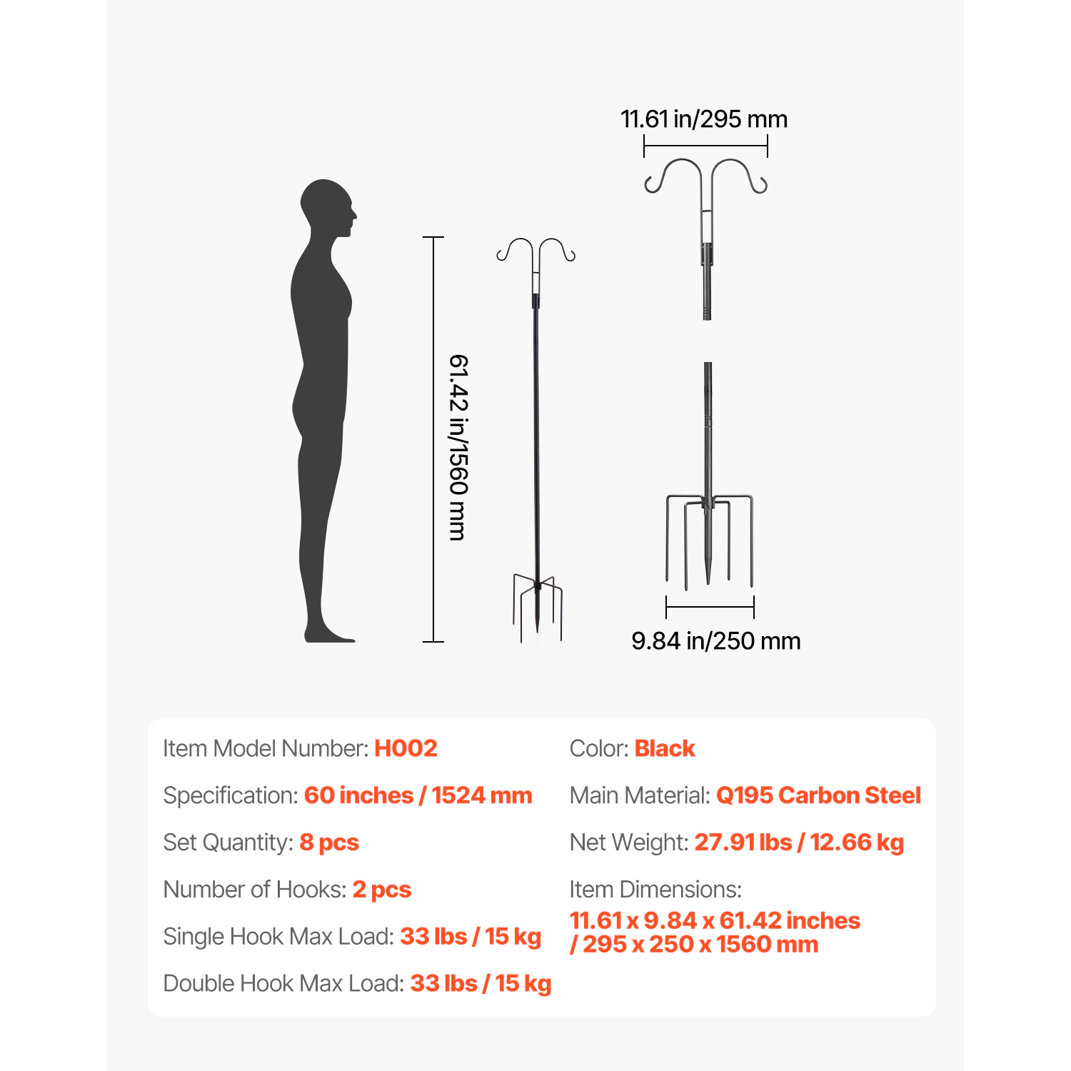 HONGGE Double Shepherds Hooks for Outdoor 8 Pack Heavy Duty Bird Feeder Pole 3/4 Inch Thick Garden Hooks for Hanging