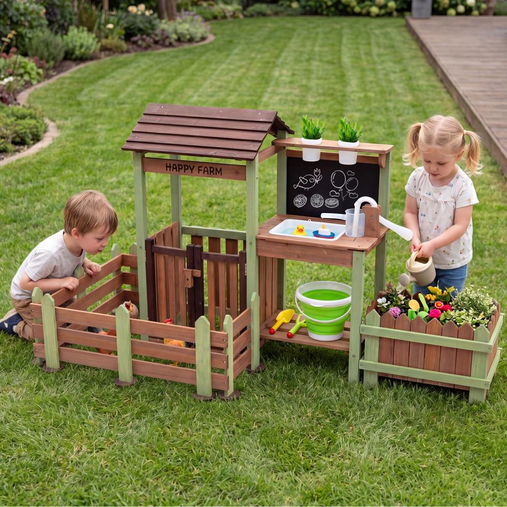 Hivvago Fir Wood Mud Farm Playset with Planter Box Lockable Yard and Faucet