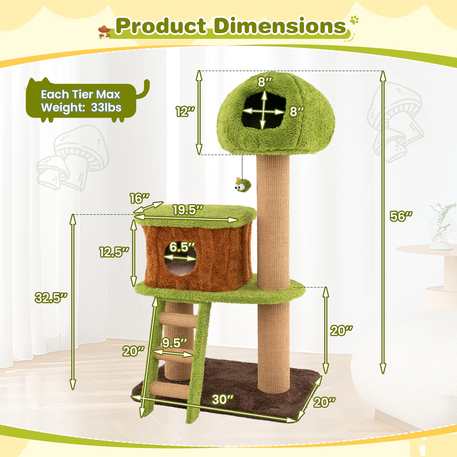 Glintex 56-Inch Mushroom Cat Tree with Detachable Nest and Sisal Climbing Ladder, Brown