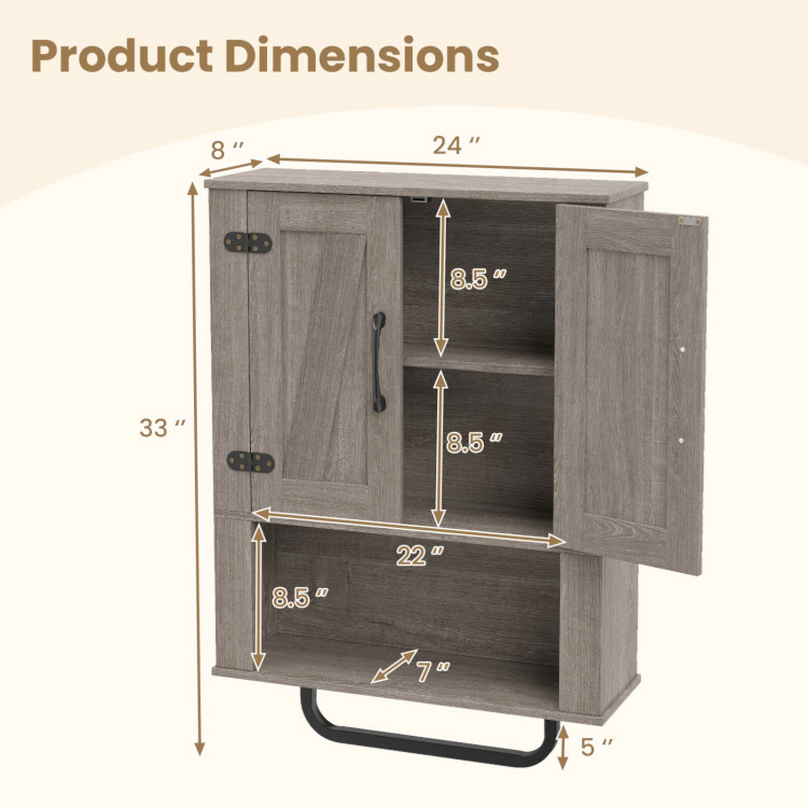 SUGIFT 2 Barn Doors Towel Bar 3-Tier Wall Mount Bathroom Storage Cabinet 24-in x 8-in x 33-in 11-lb per Shelf Gray
