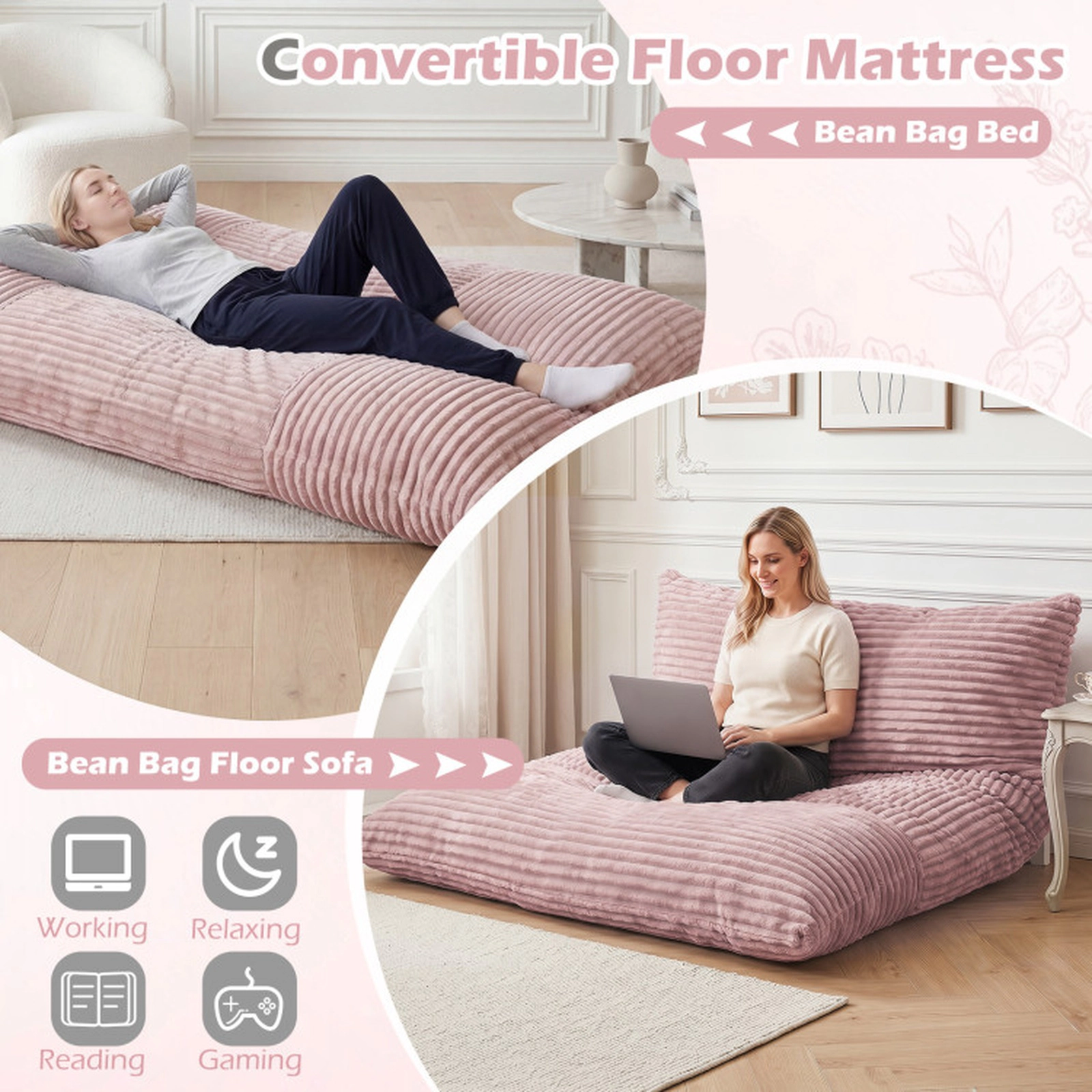 SUGIFT Pink Corduroy Convertible Bean Bag Sofa Bed, 76.5 in