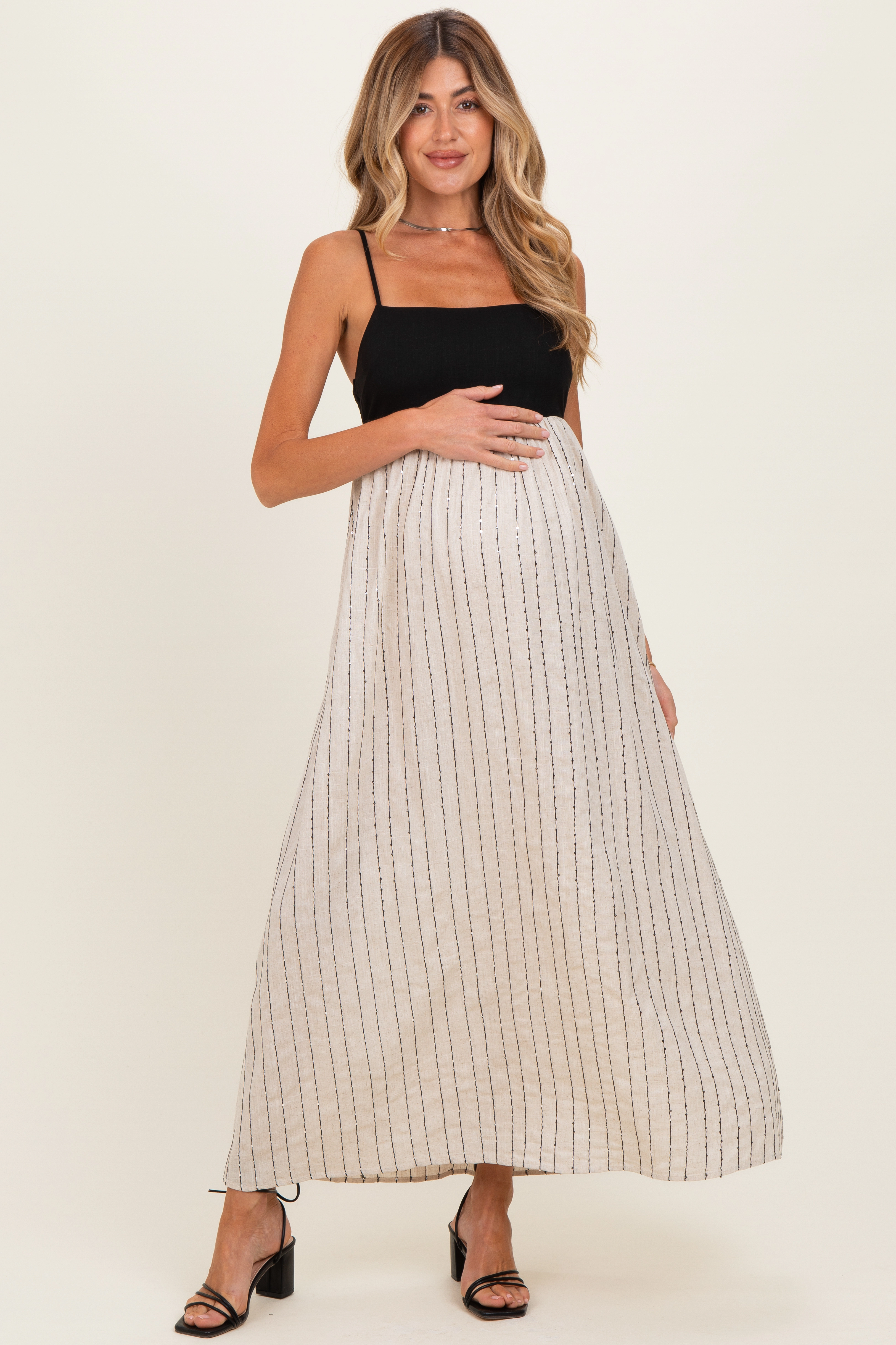 PinkBlush Womens Black White Striped and Colorblock Maternity Maxi Dress