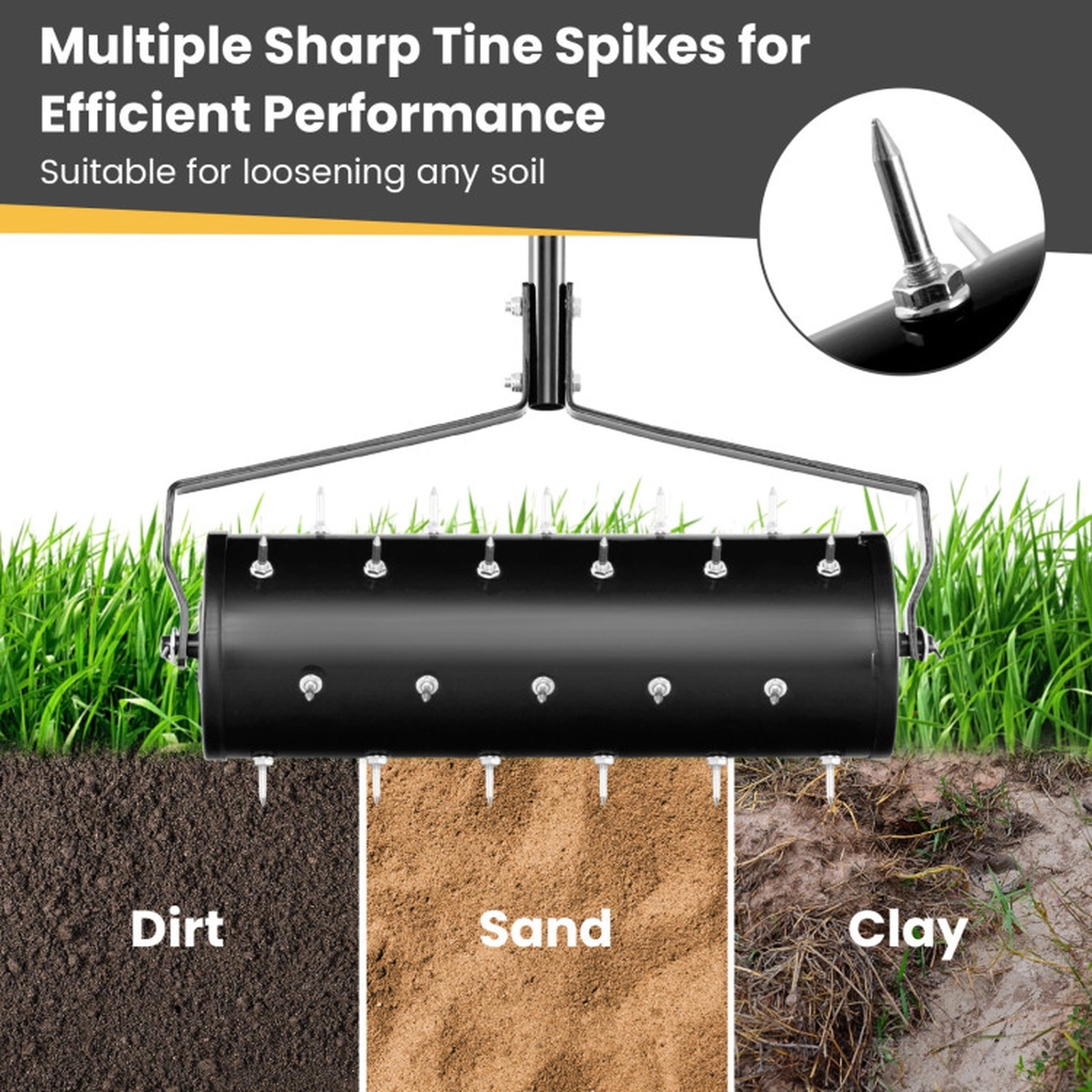 SUGIFT Manual Rolling Lawn Aerator Multi-Tool with 18-in and 21-in Drums 51-in Detachable Handle 1.3-in Spikes Black