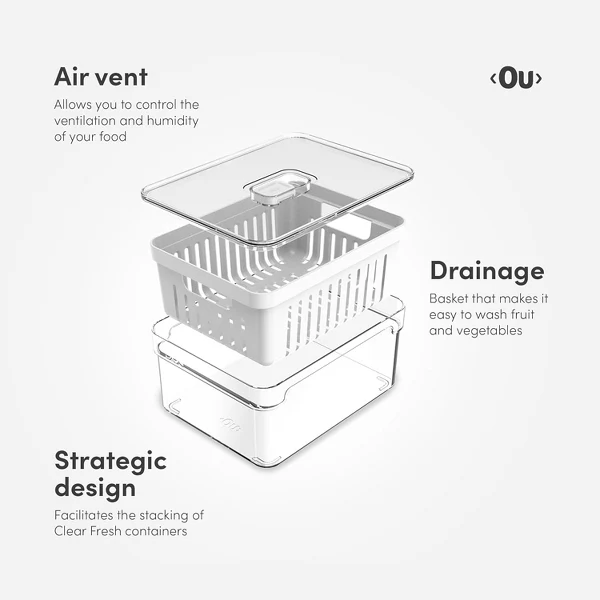 OU Fridge Organizer Bin with Drain Basket and Vented Lid, 5.3qt Clear Stackable Refrigerator Storage Container, BPA Free