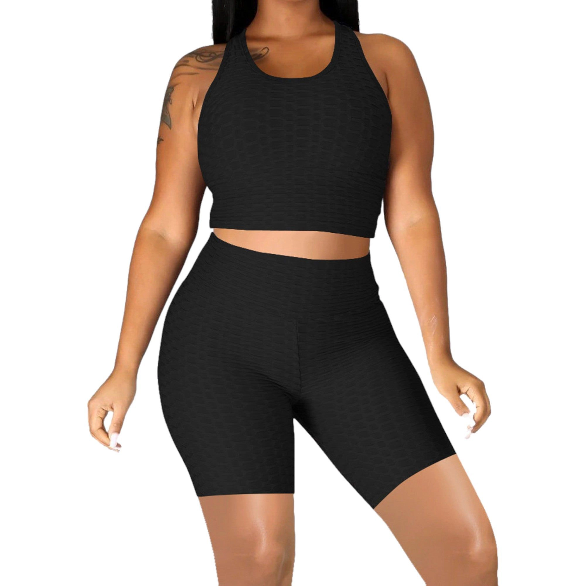 Anna-Kaci Women's Seamless Yoga Workout Set for Stretchy 2-Piece Outfits Racerback Crop Top High Waist Gym Shorts