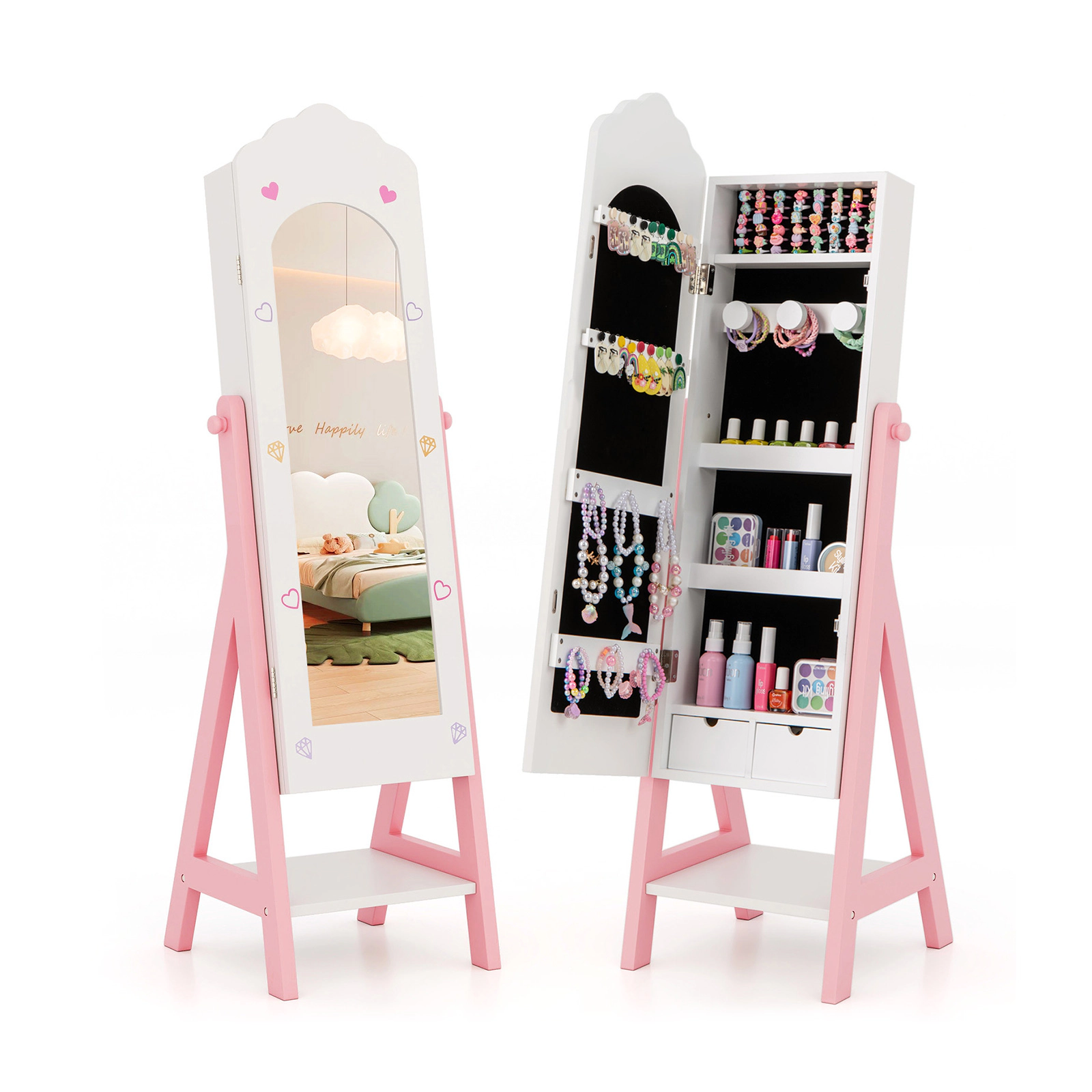 SUGIFT Kids Jewelry Organizer with Full-Length 26 x 7.5 in Mirror Cabinet Drawers and Storage Shelves Pink White