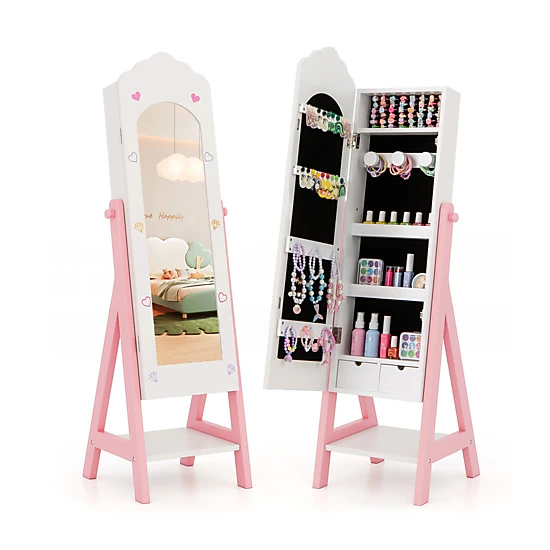 SUGIFT Kids Jewelry Organizer with Full-Length 26 x 7.5 in Mirror Cabinet Drawers and Storage Shelves Pink White