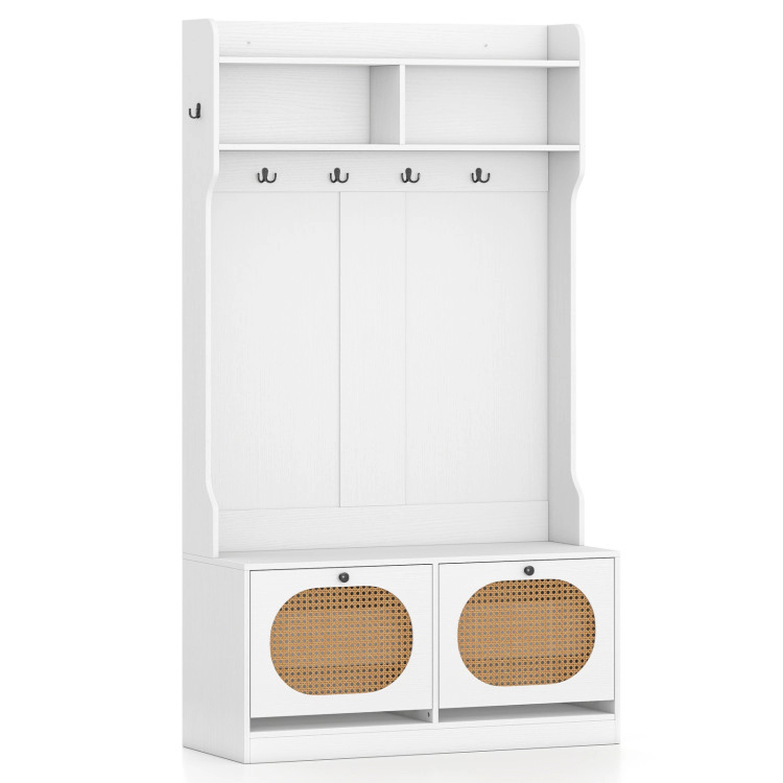 SUGIFT 40-in Wide 4-in-1 Hall Tree with Flip-Down Rattan Shoe Drawers Coat Rack and 220-lb Bench