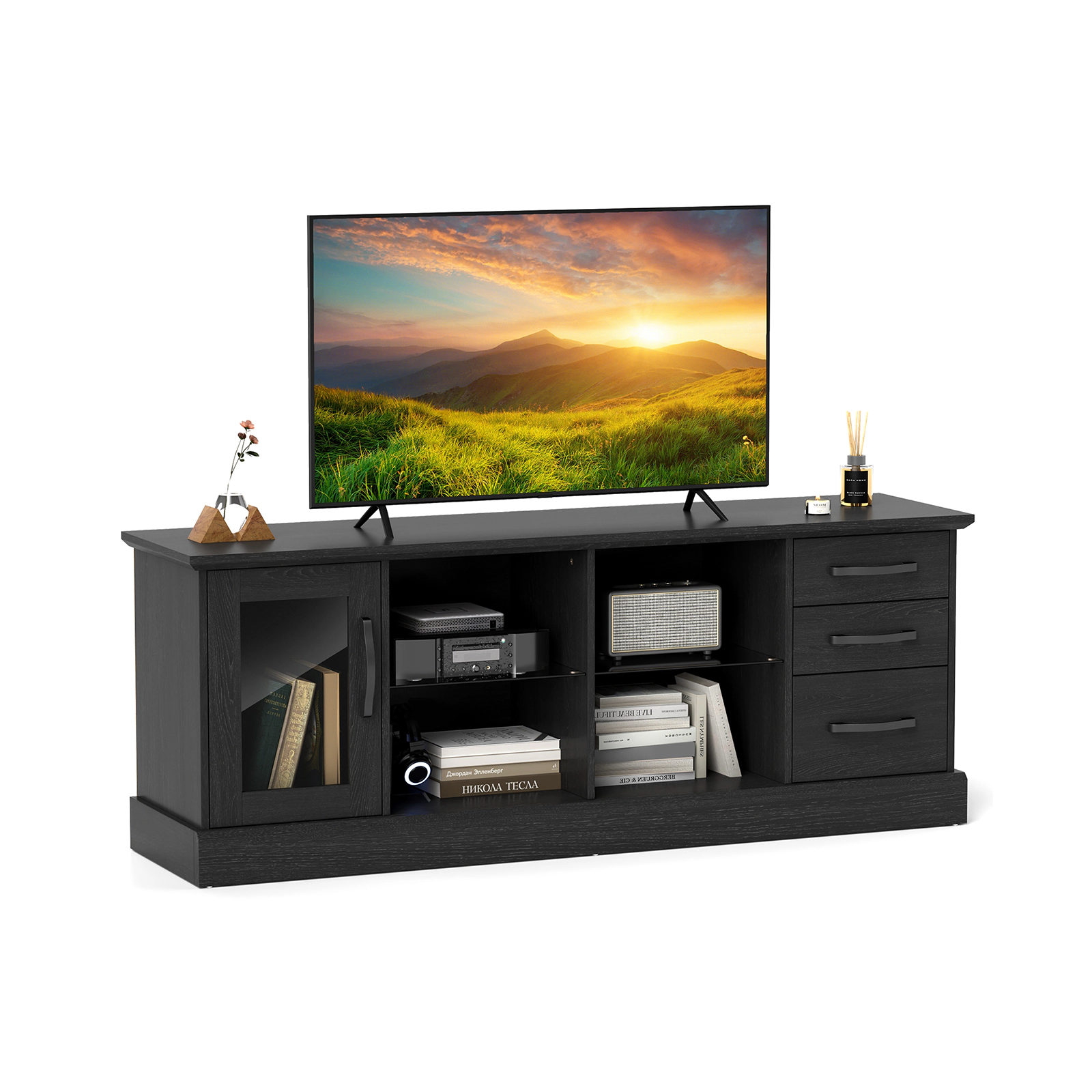 LJG 63 Inches Media Console Table with 3 Drawers and 2 Glass Shelves