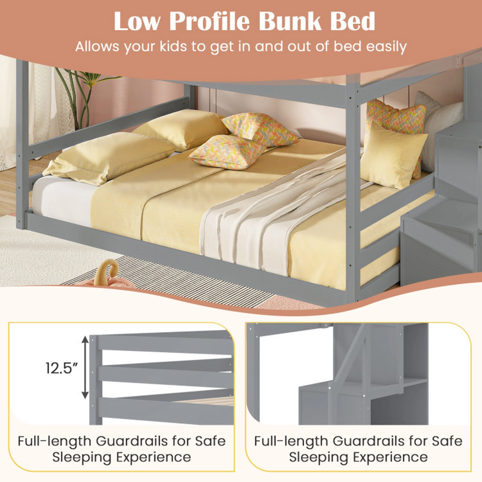 SUGIFT Kids Full Over Full Storage Stairs Solid Wood Low Bunk Bed 94.5-in x 56.5-in x 50.5-in 250-lb Capacity Gray