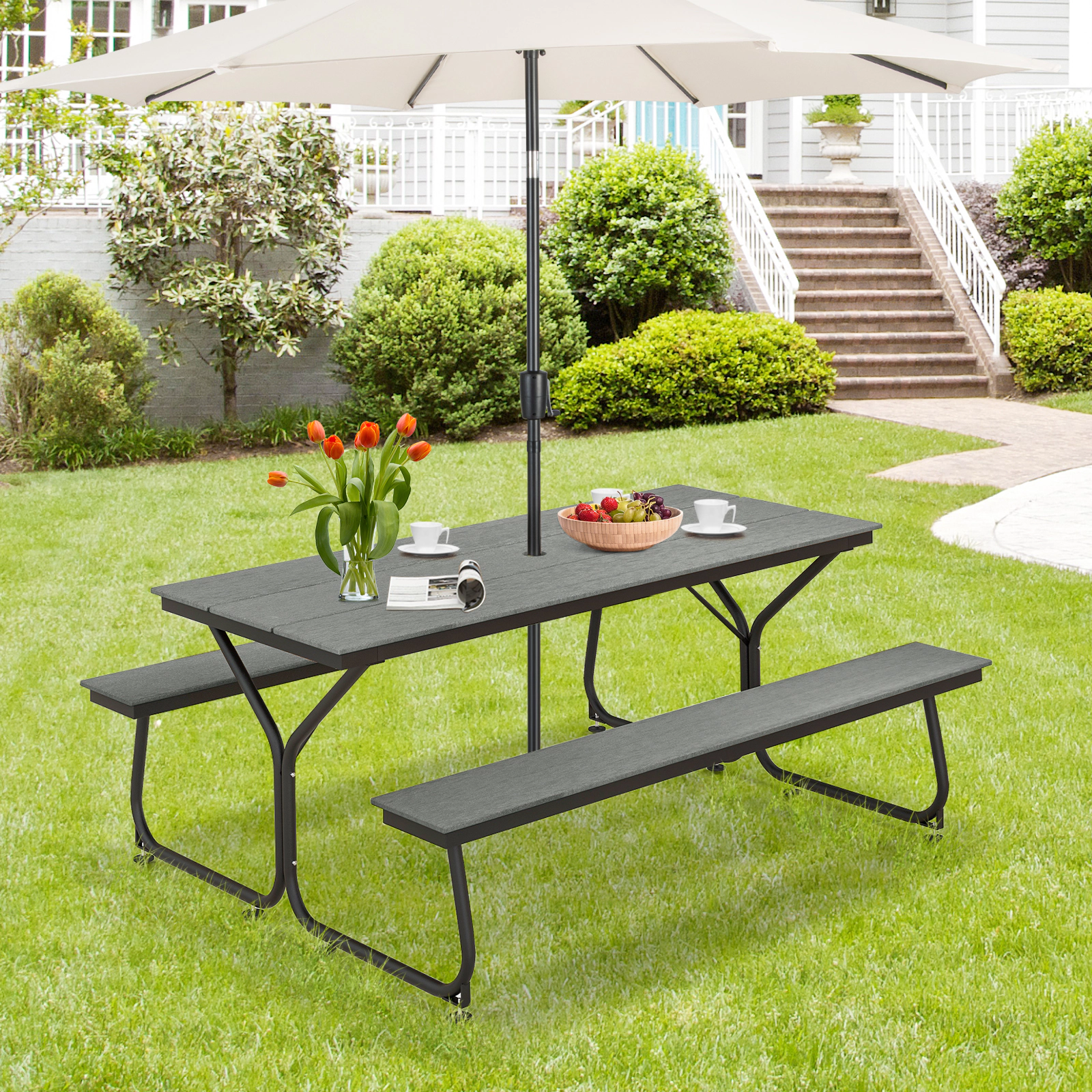 SUGIFT 6 ft Outdoor Picnic Table Bench Set Gray HDPE for 6-8 People with Metal Frame