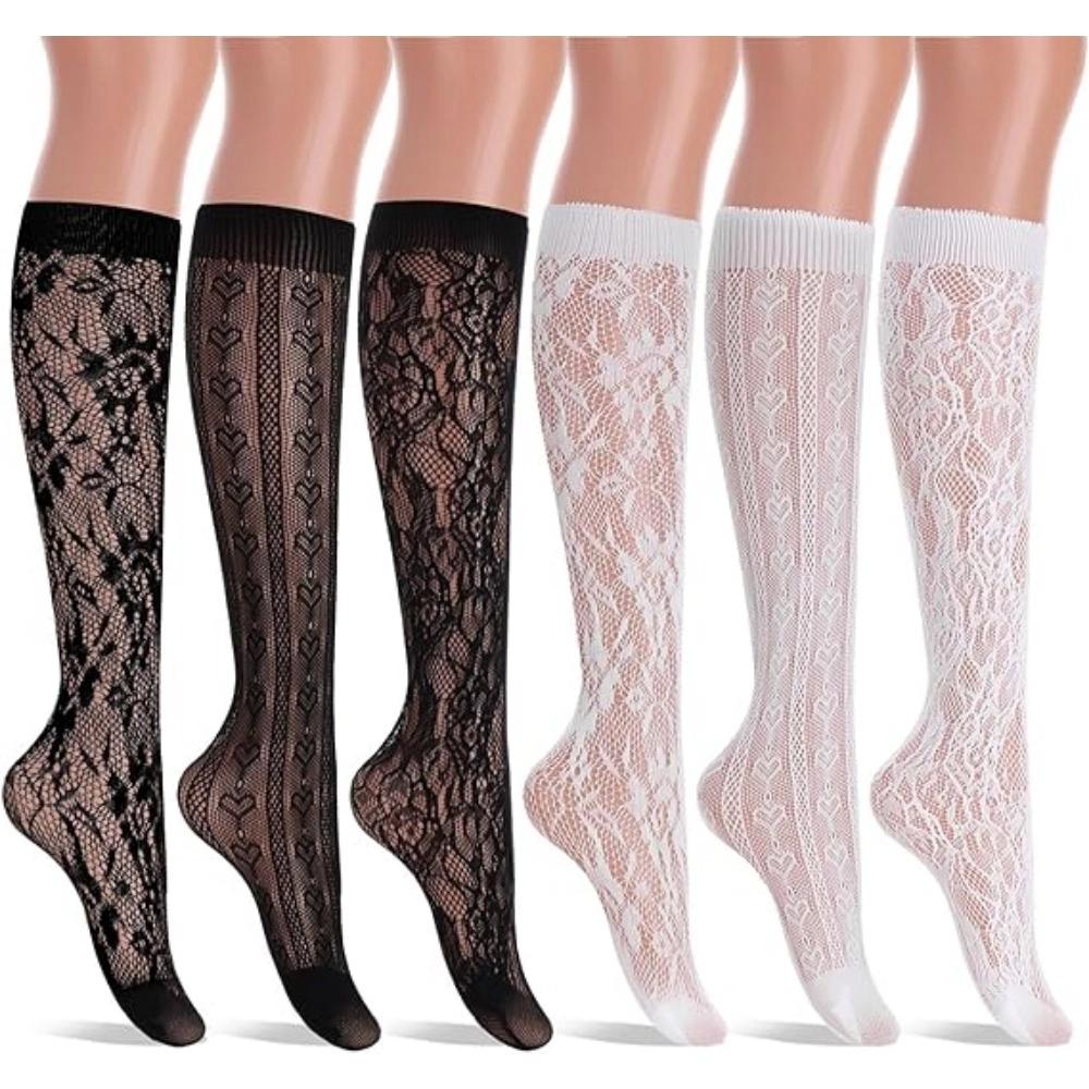 Wardrobe Whimsy 6 Pairs Women's Fishnet Knee High Socks Stylish Lace Hollow Stockings