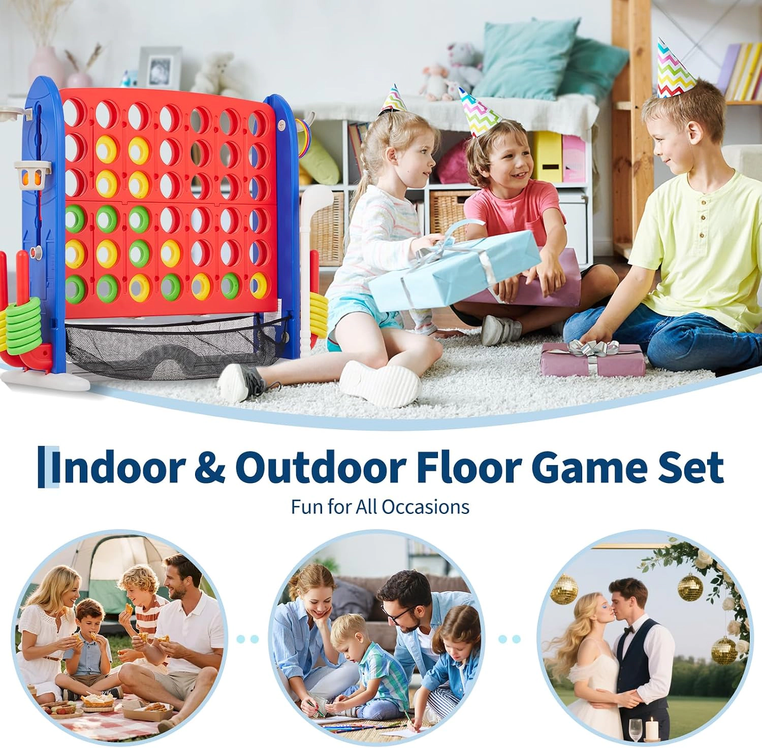 Giant 4-in-1 Floor Game Set, 3-Level Adjustable Height with Basketball, Golf, Ring Toss & 4-in-a-Row