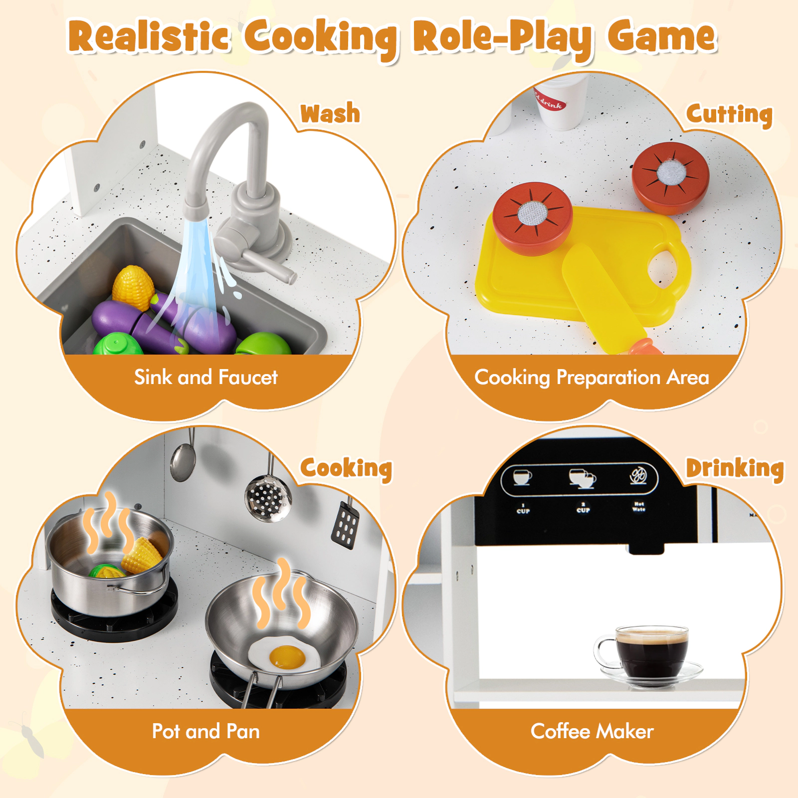 Pretend Play Kitchen Wooden Toy Set LED Range Hood Refrigerator Coffee Maker 17-in Counter 44-in x 17-in x 36.5-in White