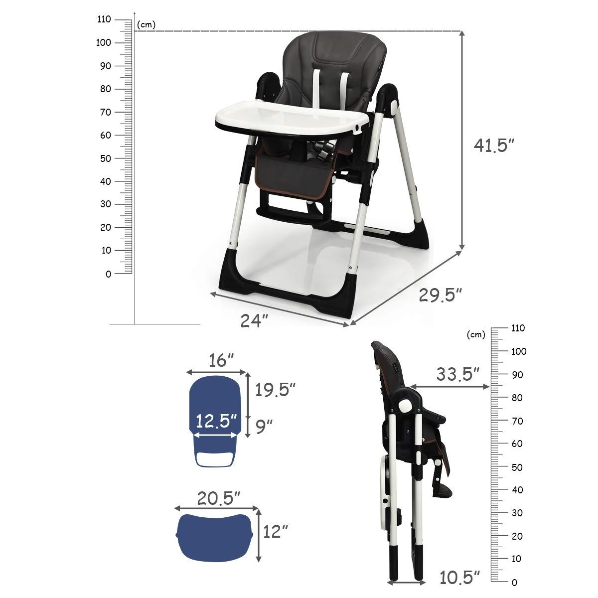 SUGIFT Foldable High Chair with Multiple Adjustable Backrest 50-lb Capacity Ages 0-5 Years Dark Gray