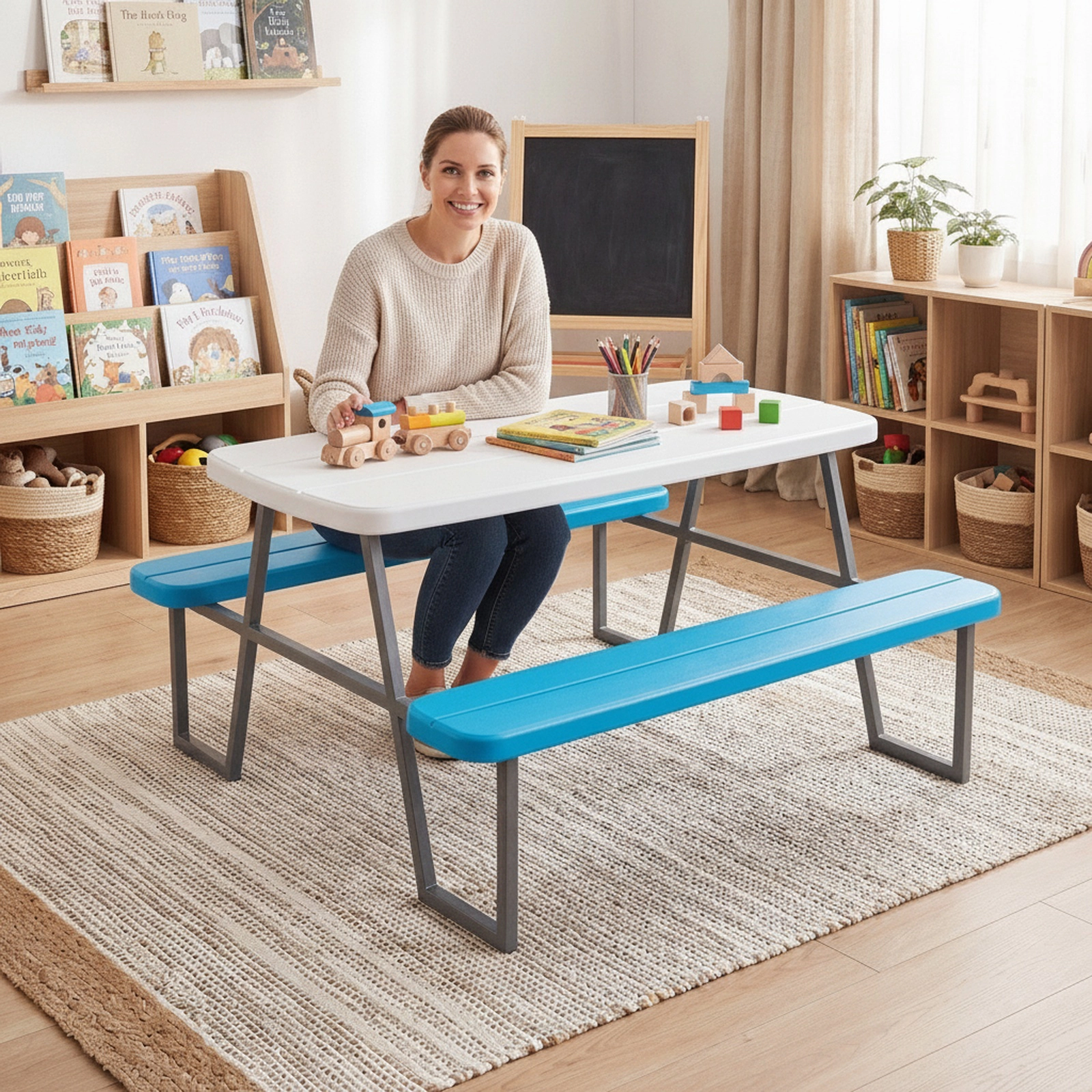 SUGIFT Kids’ Picnic Table Set with Umbrella, Blue HDPE Table and Benches for 4