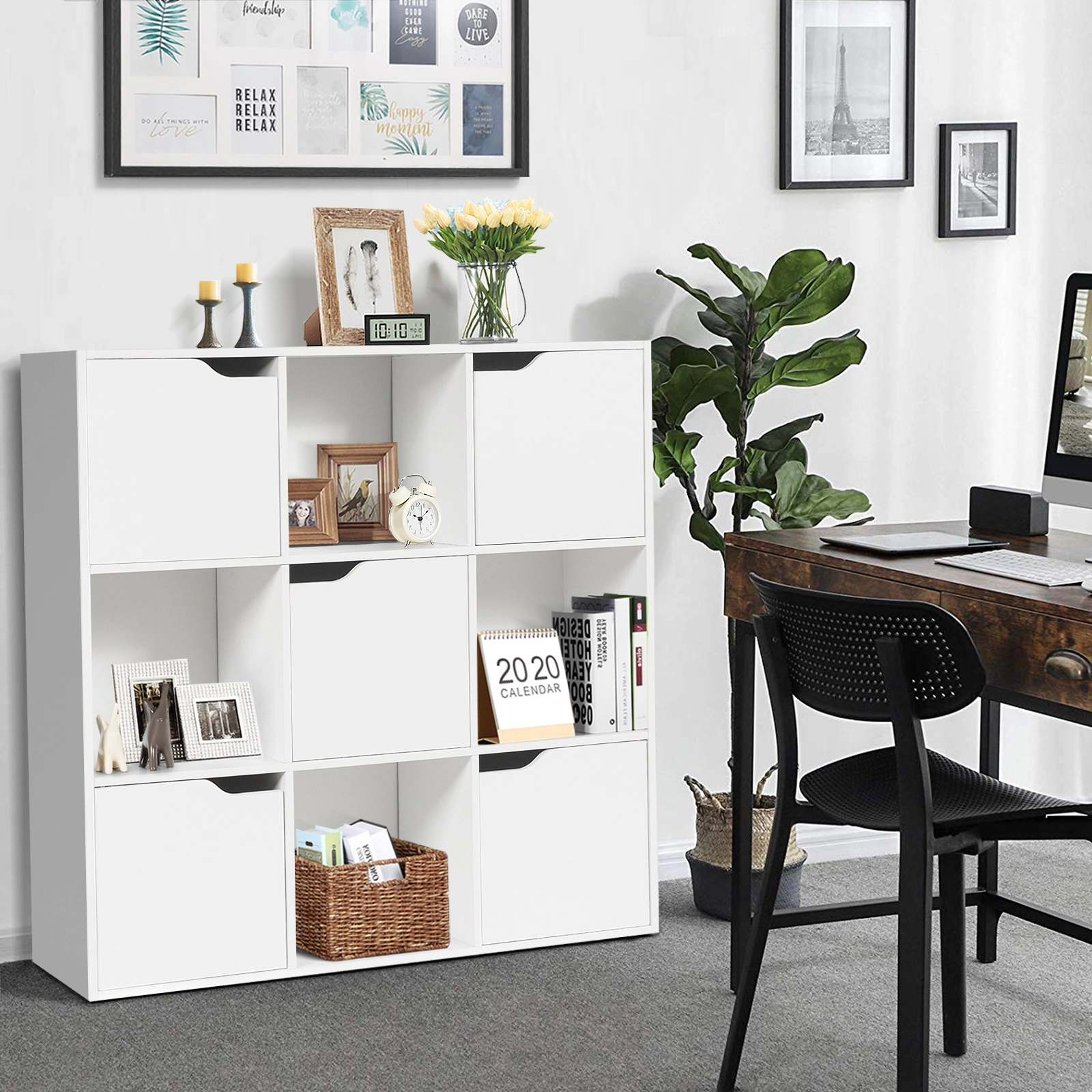 SUGIFT Free Standing 9-Cube Chipboard Storage Divider Bookcase 90-lb Capacity 35.5-in Tall for Home & Office White/Gray