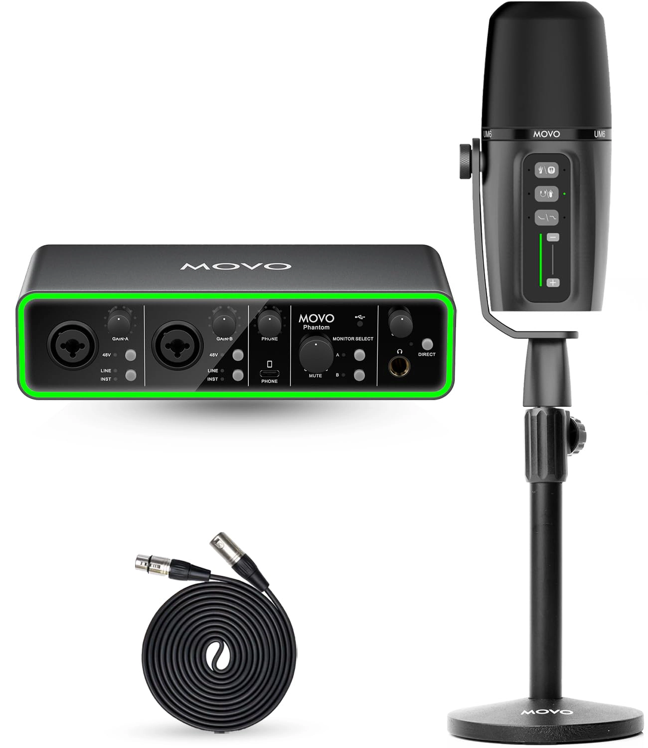 Movo Music/Audio Interface Bundle - Phantom USB Audio Interface, UM6 XLR/USB-C Dynamic Microphone, and Tabletop St