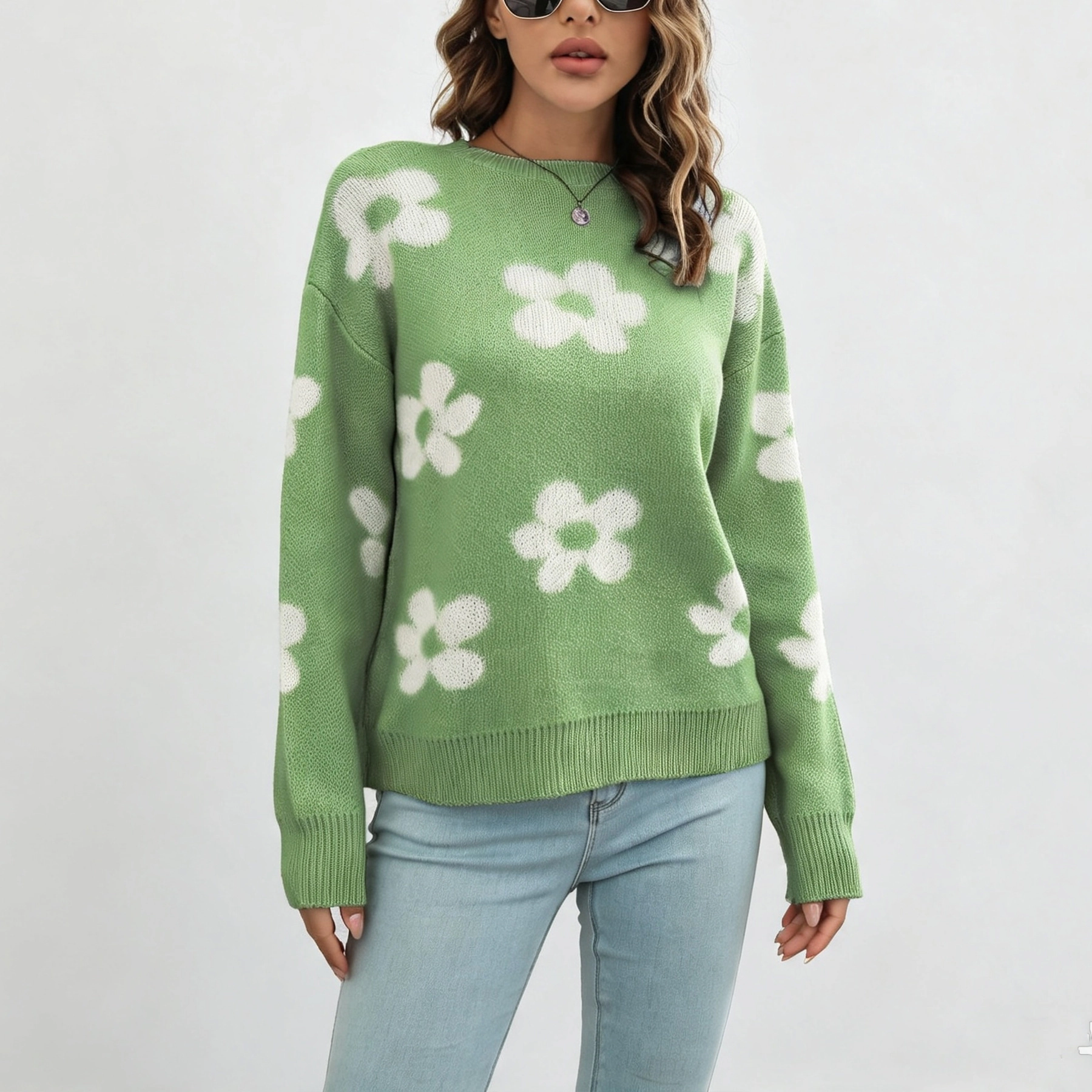 YesFashion Women Floral Sweaters Trendy Long Sleeve Cozy Winter Fall Crewneck Knit Pullovers