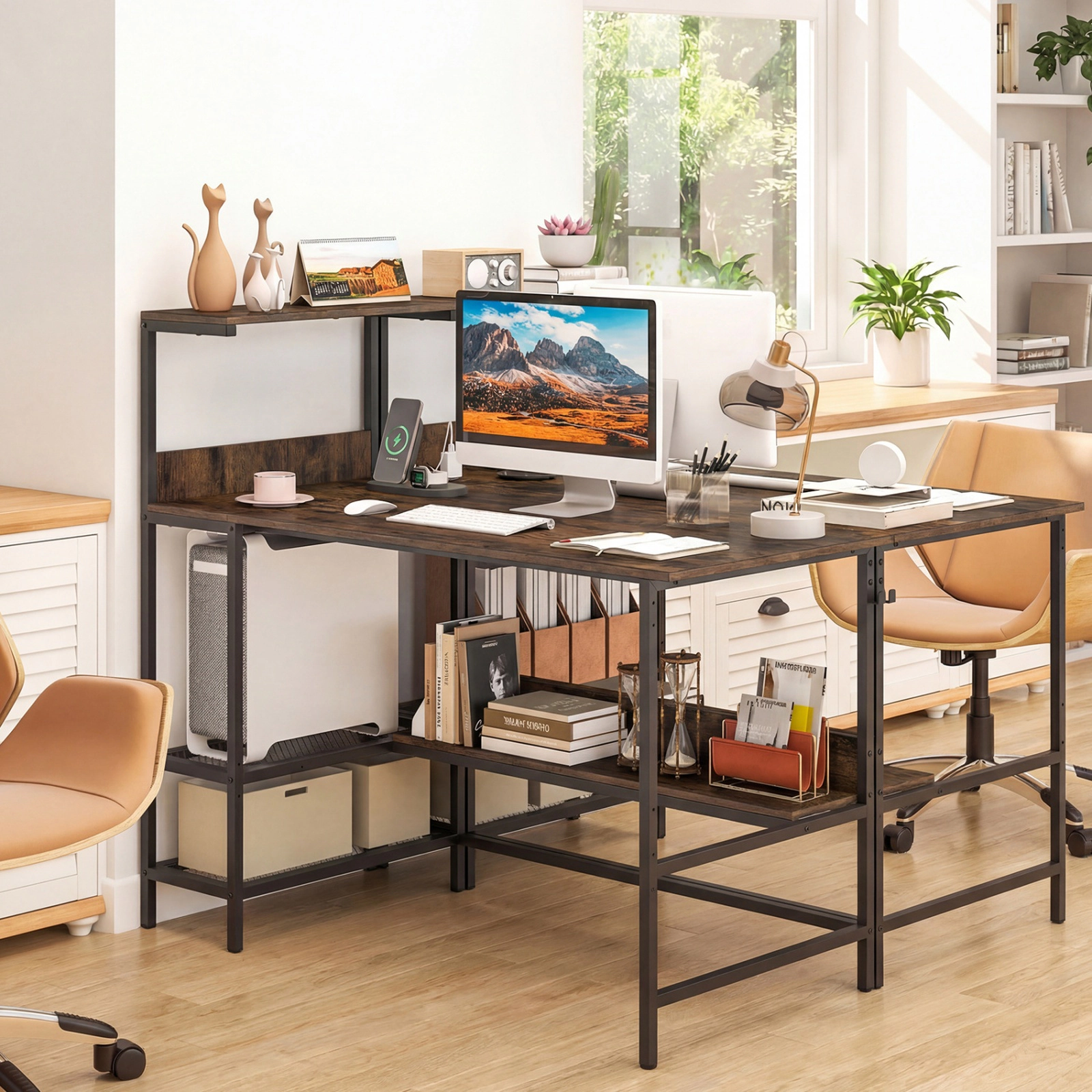 SUGIFT 48-Inch Rustic Brown Computer Desk with 3-Tier Storage Tower and Mesh Shelves