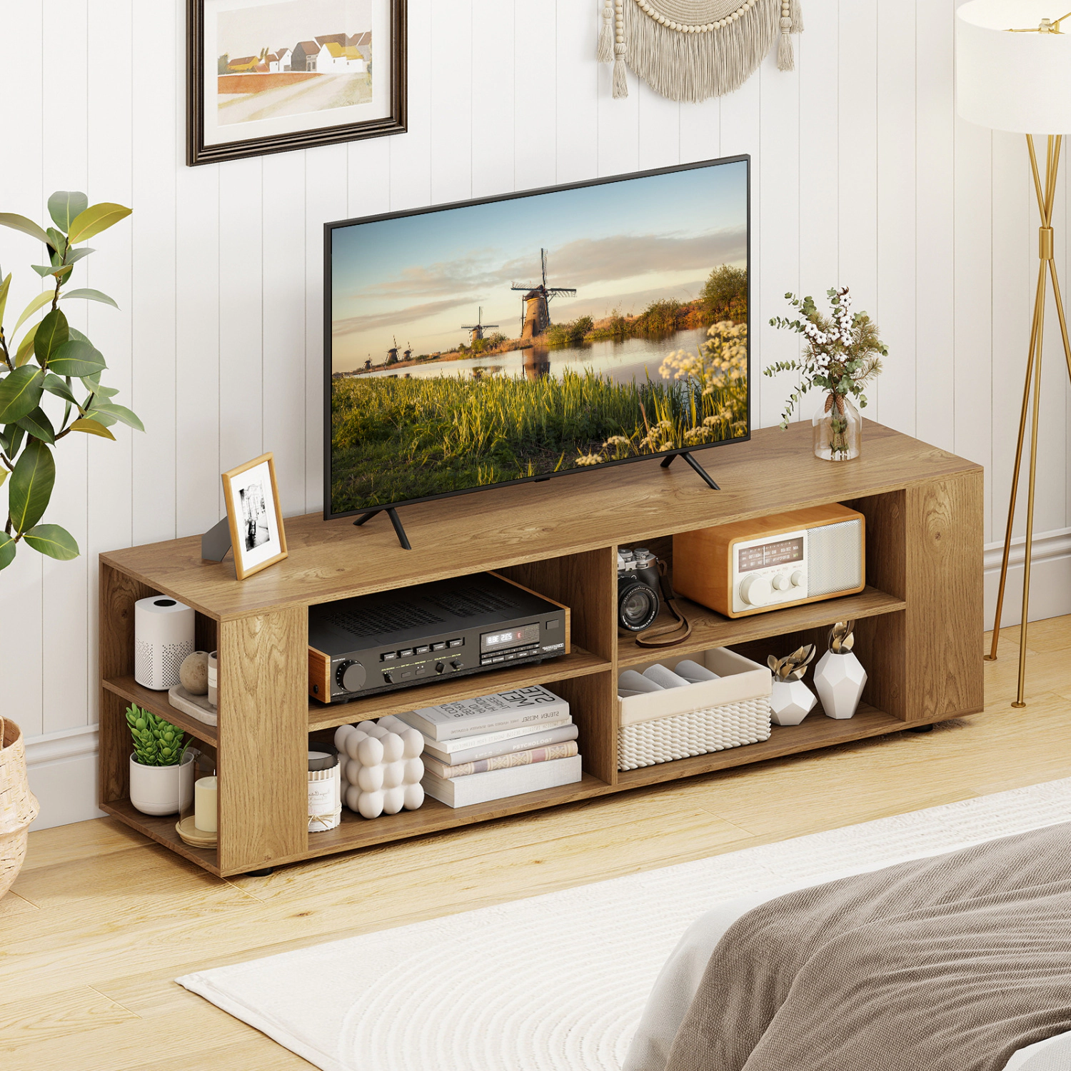 Glintex 59-Inch TV Stand with 4 Open Compartments and 4 Side Shelves, Natural