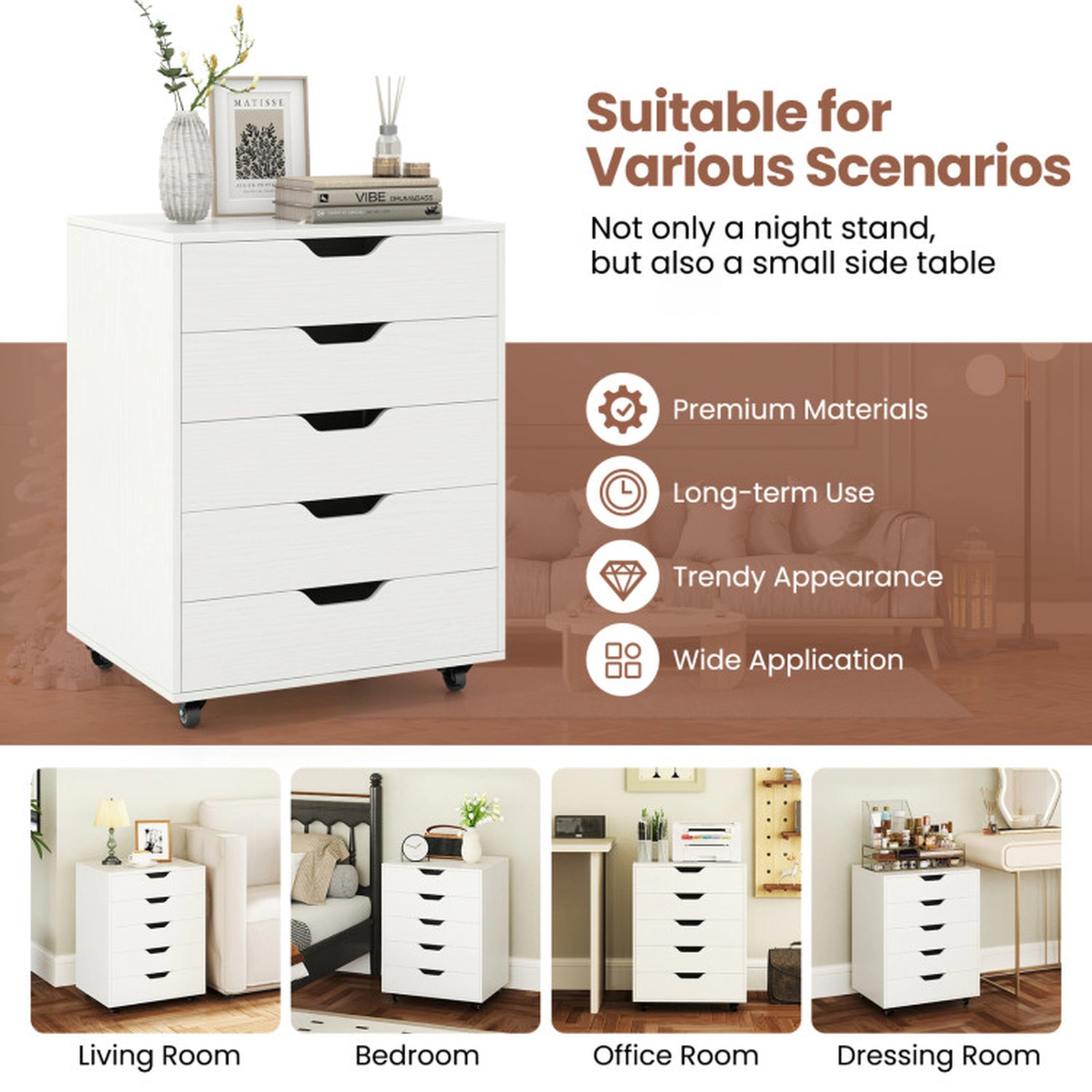 SUGIFT 19-in White 155-lb Capacity 5-Drawer Rolling Storage Cabinet Console with Cut-Out Handles