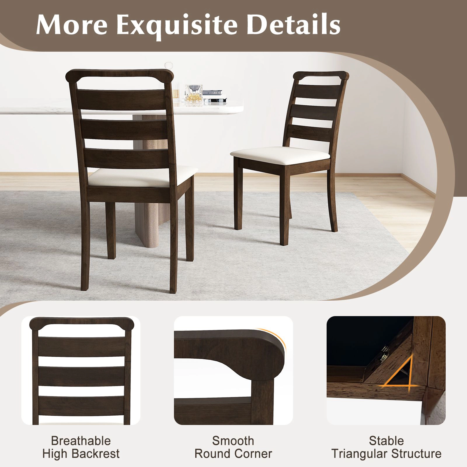 SlickBlue Set of 2 Upholstered Dining Chairs, Ladder Back, Rubber Wood Frame